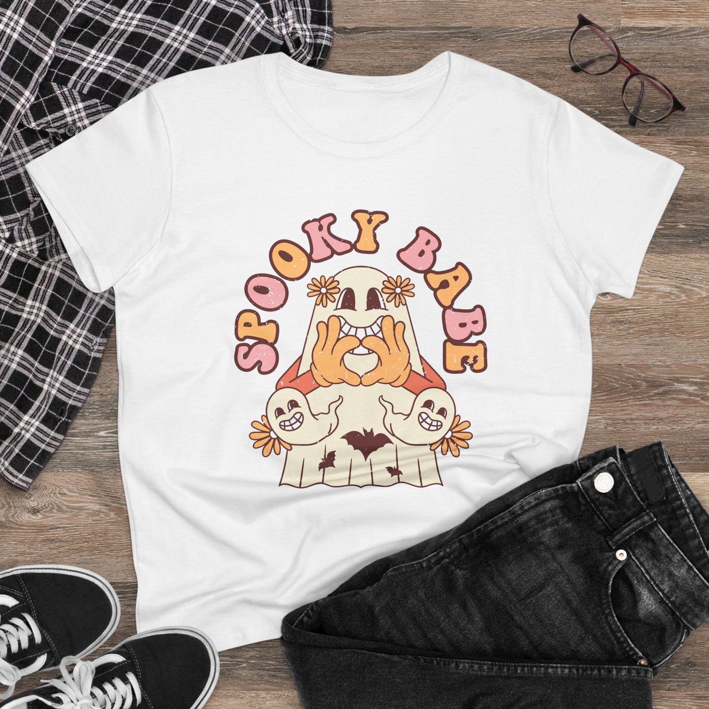Spooky Babe Tee, Women's Midweight Cotton T-Shirt, Halloween Fashion, Casual Halloween Attire, Vintage Graphic Tee, Trendy Fall Shirt