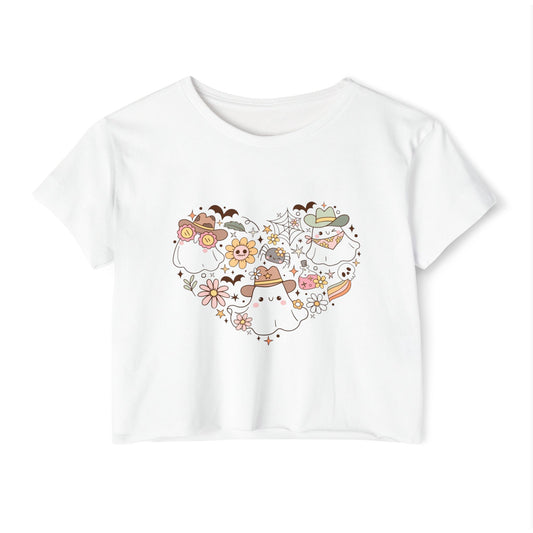 Women's crop Top with Floral Ghost Design, Summer T-Shirt, Boho Style Top, Festival Wear, Cute Casual Summer Shirt
