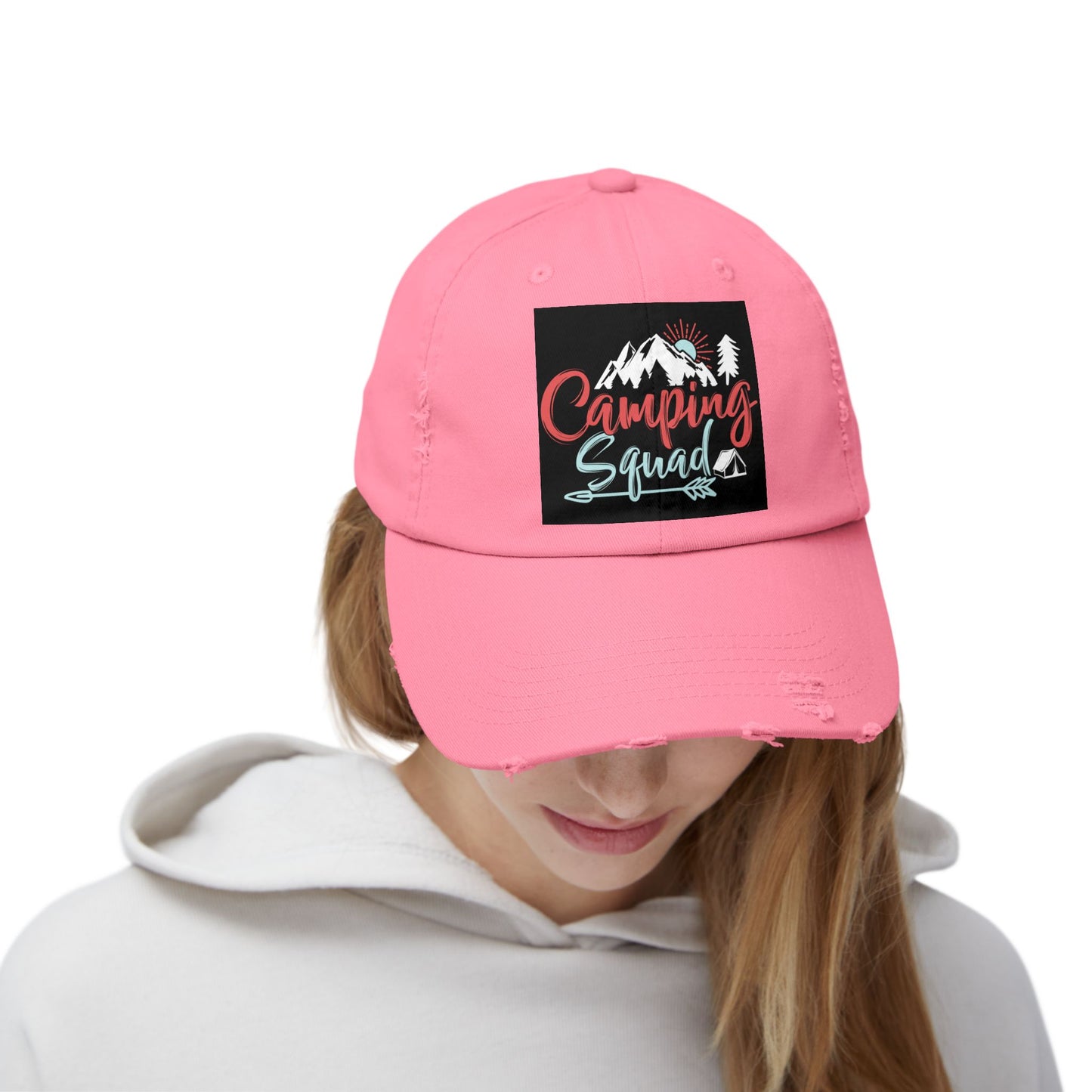 Camping Squad Distressed Cap | Unisex Headwear for Outdoor Adventures, Gifts for Campers, Summer Vibes, Travel Accessories, Hiking Cap