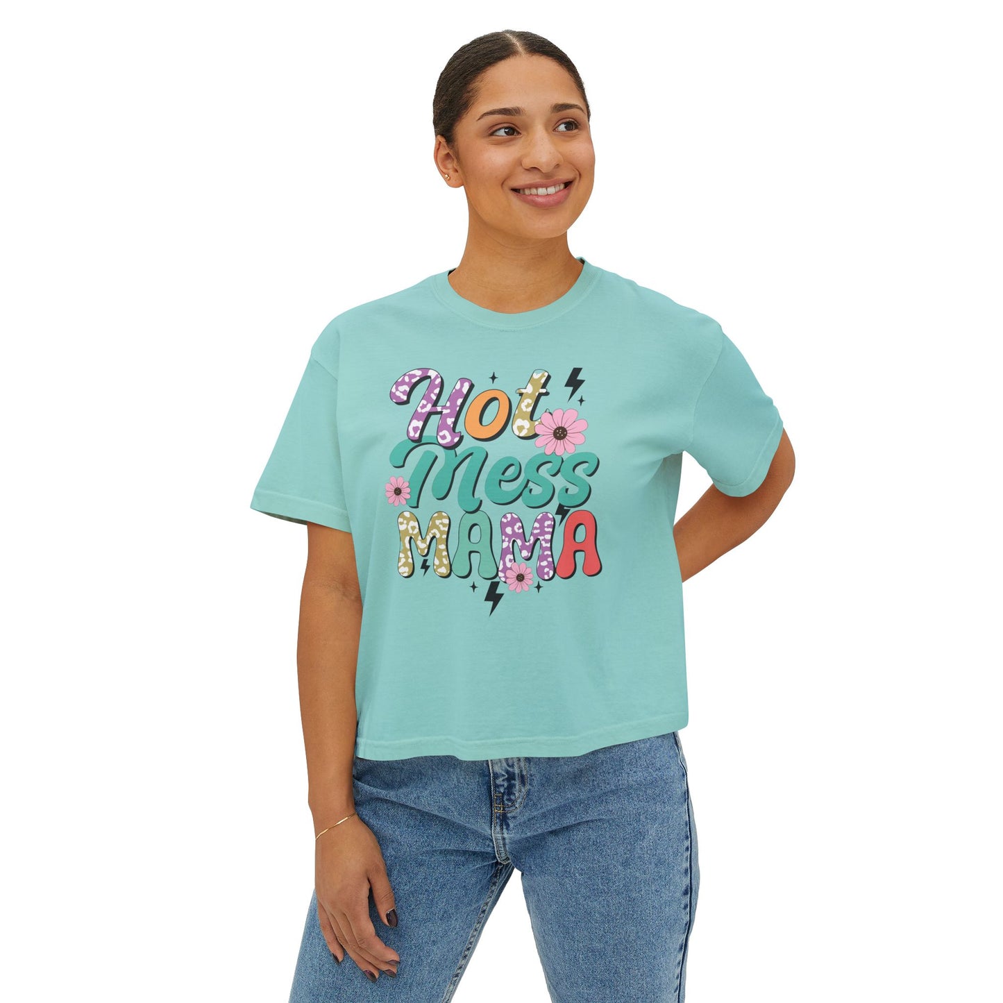 Hot Mess Mama Women's Boxy Tee, Casual Graphic Tee, Gift for Moms, Trendy Summer Top, Birthday Gift, Mother's Day T-Shirt