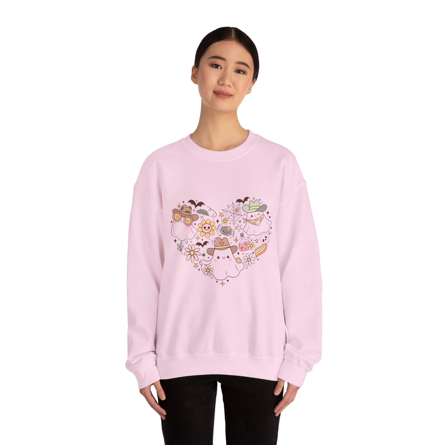 Heartfelt Floral Cat Crewneck Sweatshirt, Cute Animal Sweatshirt, Cozy Unisex Sweater, Gift for halloween, Heart Design Apparel, halloween sweatshirt, boo, womens sweatshirt,country apparel