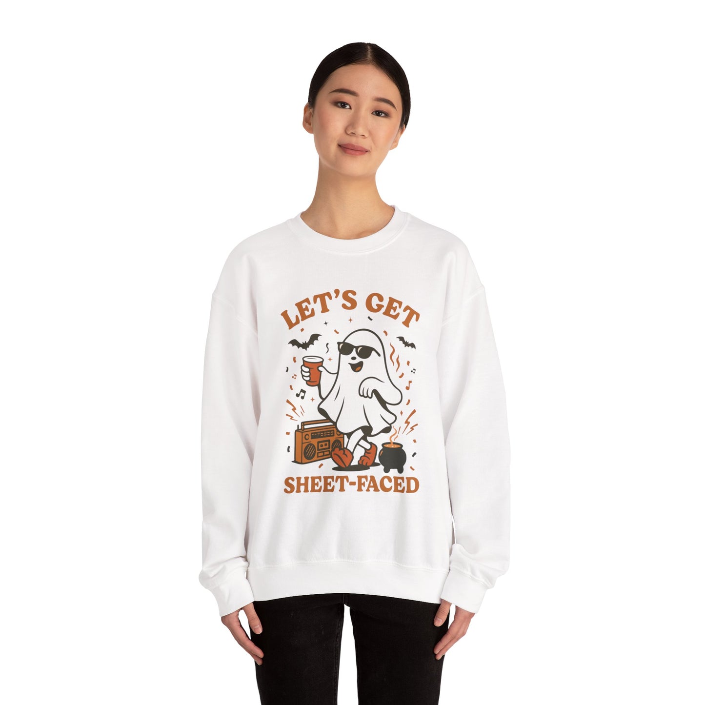 Let's Get Sheet-Faced Halloween Sweatshirt, Unisex Crewneck, Ghost Design, Perfect for Parties, Fall Celebrations, Cozy Wear