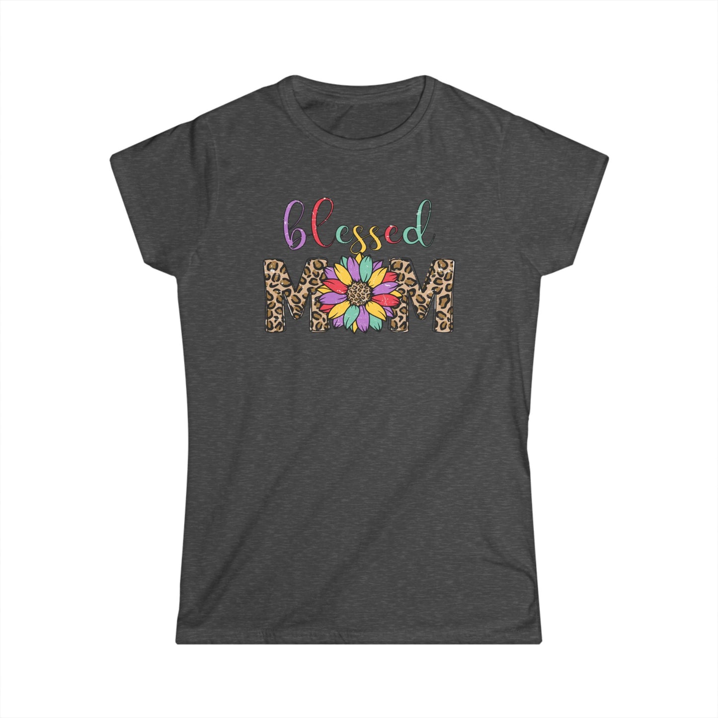 Blessed Mom Women's Softstyle Tee - Floral & Leopard Print Design
