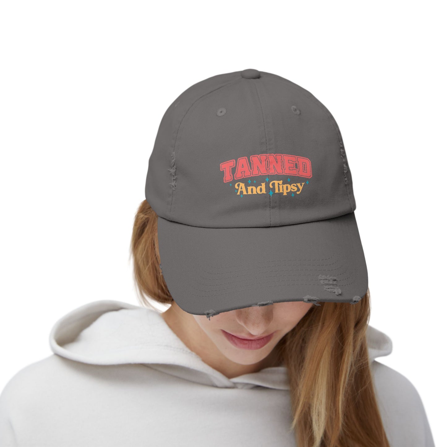 Distressed Cap with 'Tanned and Tipsy' Design | Trendy Summer Accessory, Gift for Friends, Beachwear Essential, Outdoor Events