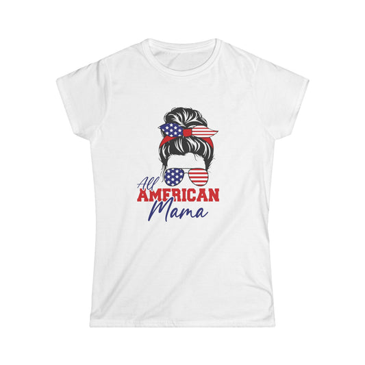 All American Mama Women's Softstyle Tee | Patriotic T-Shirt, Independence Day Apparel, Gifts for Moms, Summer Shirt, USA Pride Tee