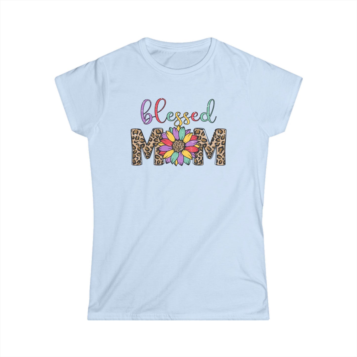 Blessed Mom Women's Softstyle Tee - Floral & Leopard Print Design
