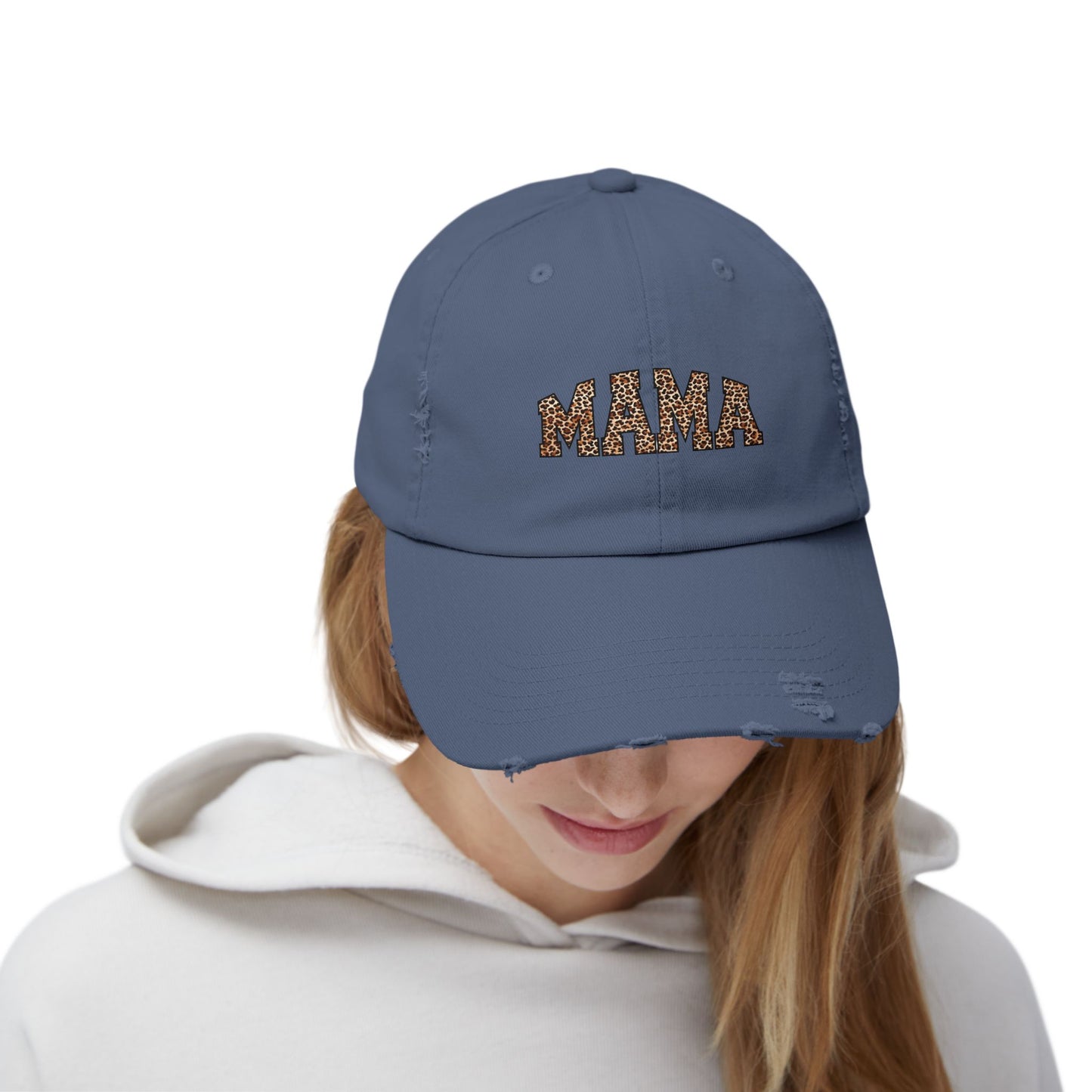 Distressed Mama Cap - Unisex Black Hat with Trendy Leopard Print