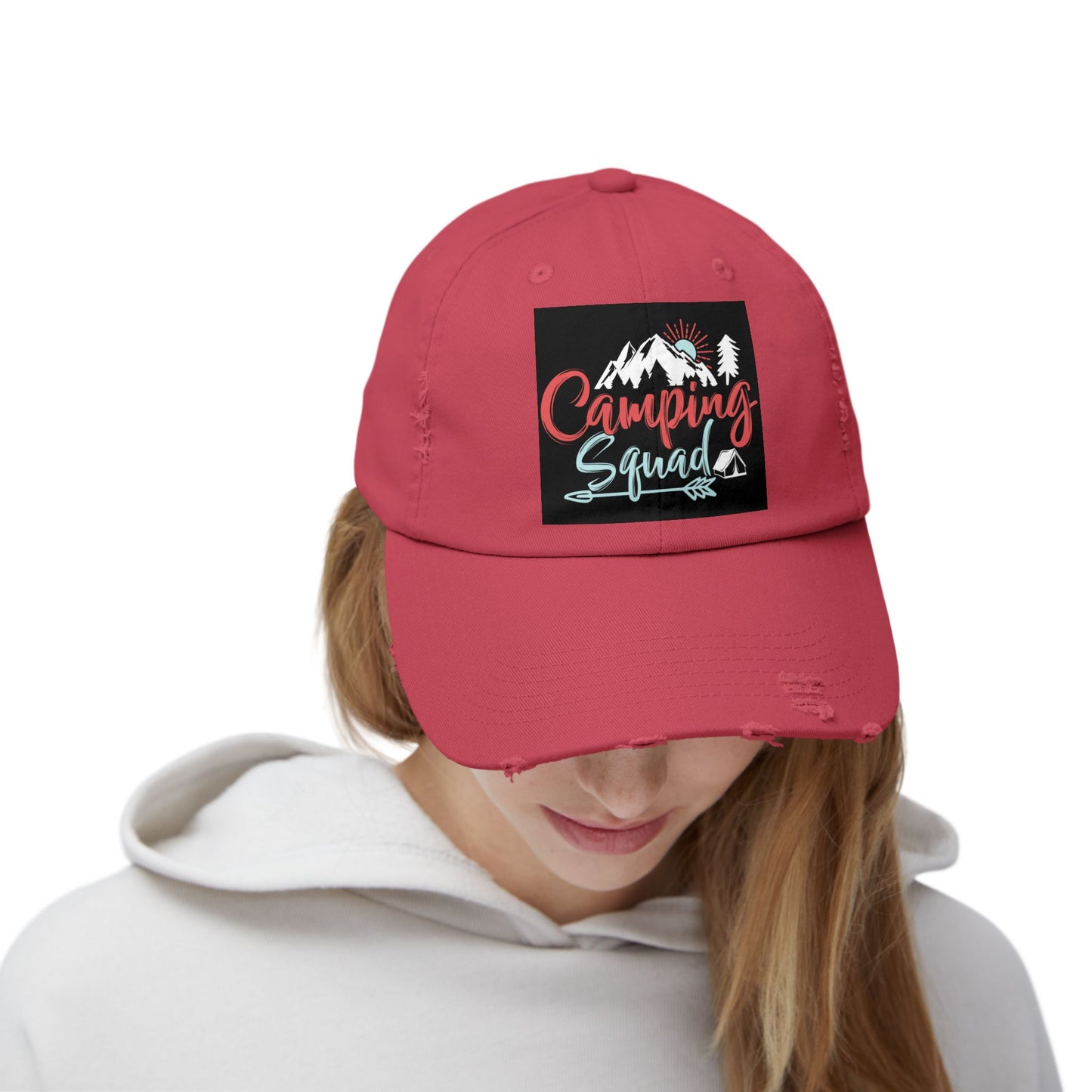Camping Squad Distressed Cap | Unisex Headwear for Outdoor Adventures, Gifts for Campers, Summer Vibes, Travel Accessories, Hiking Cap