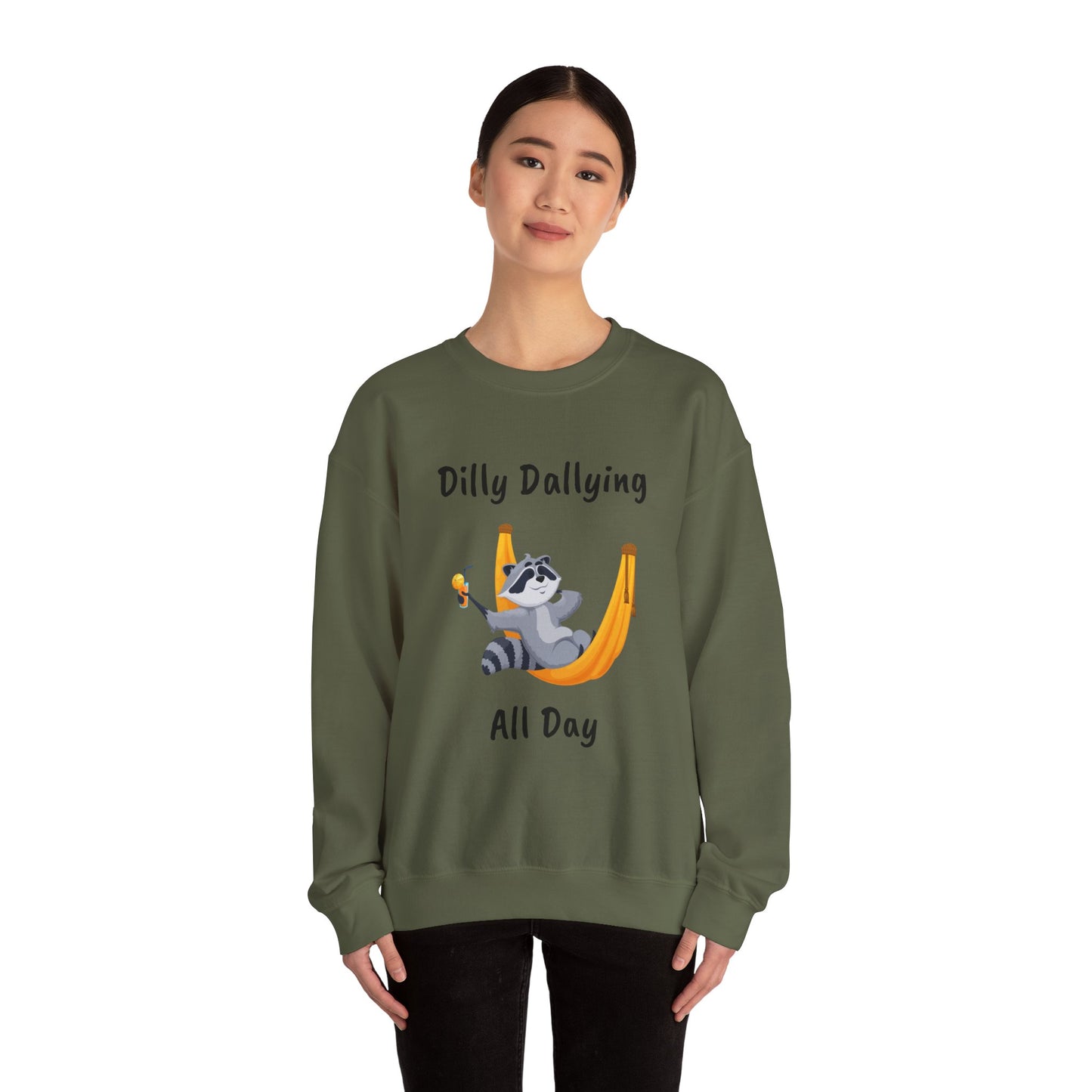 Dilly Dallying Raccoon Sweatshirt - Cozy Unisex Crewneck for Relaxation and Fun