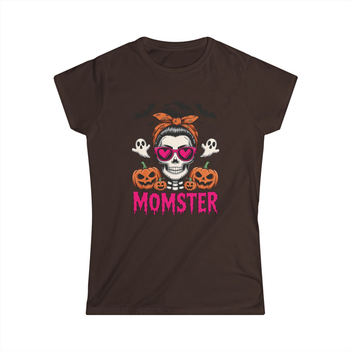 Momster Halloween Tee — Women’s Skull Mom T-Shirt with Pumpkins & Ghosts