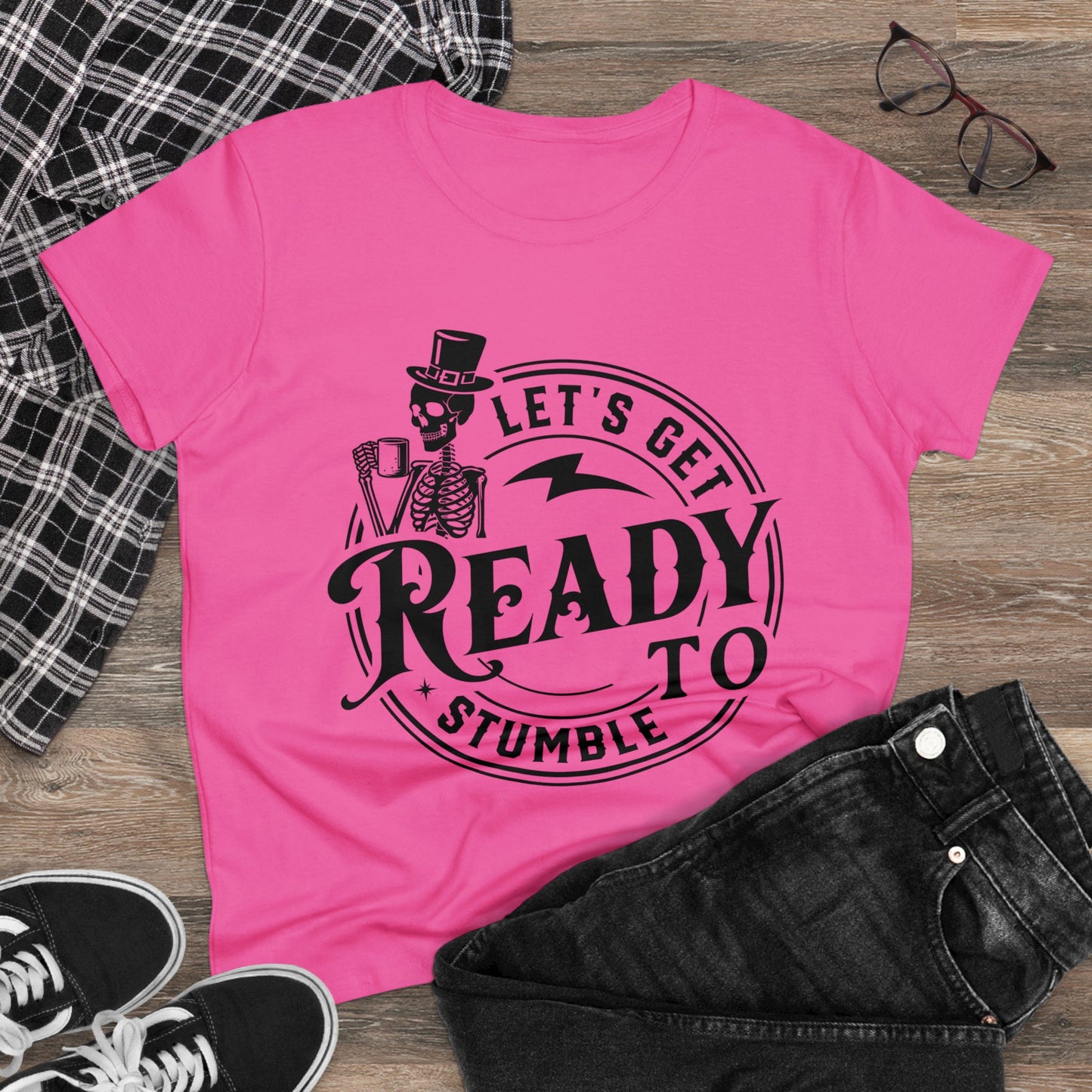 Ready to Stumble Skeleton Graphic Tee for Women - Fun Halloween Shirt