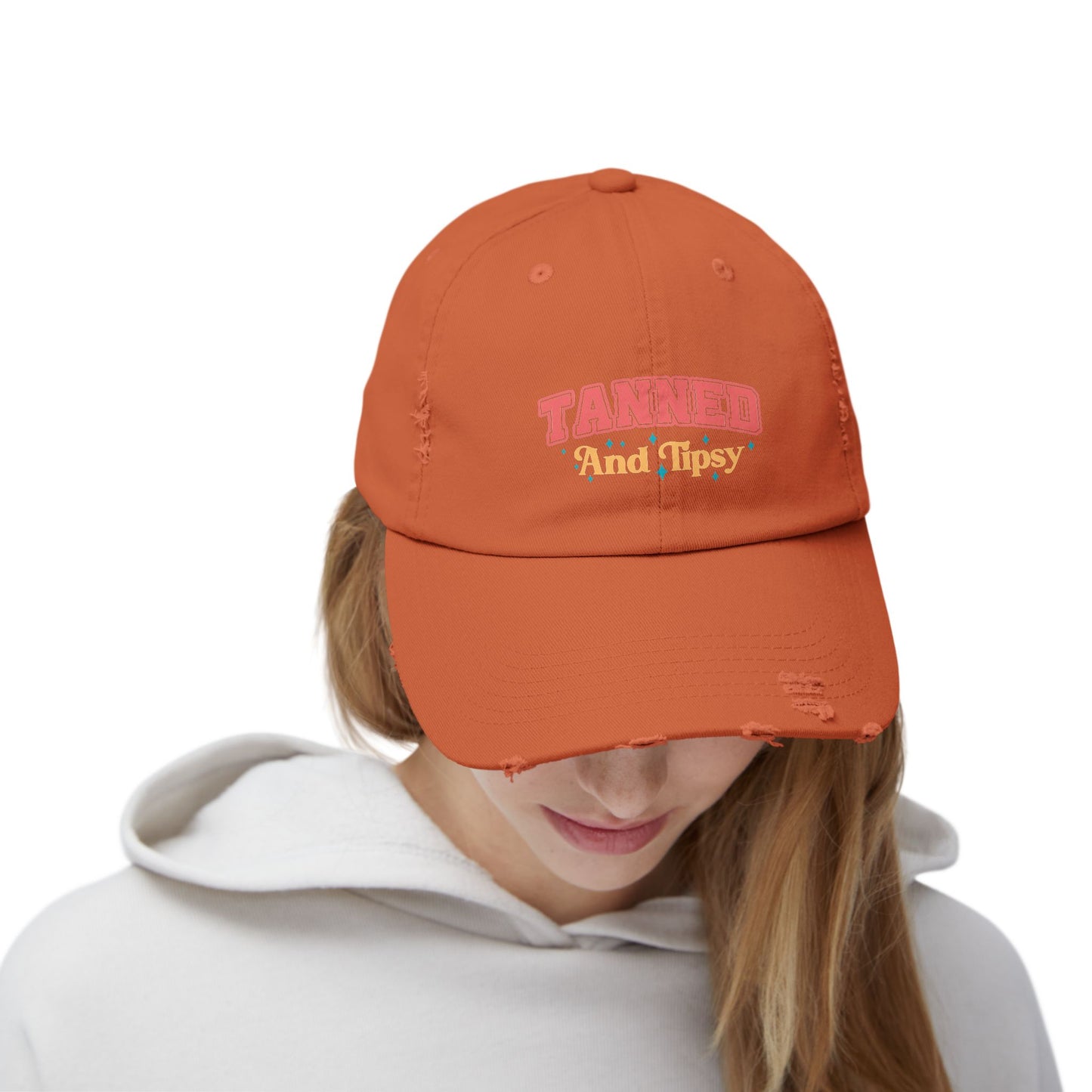 Distressed Cap with 'Tanned and Tipsy' Design | Trendy Summer Accessory, Gift for Friends, Beachwear Essential, Outdoor Events