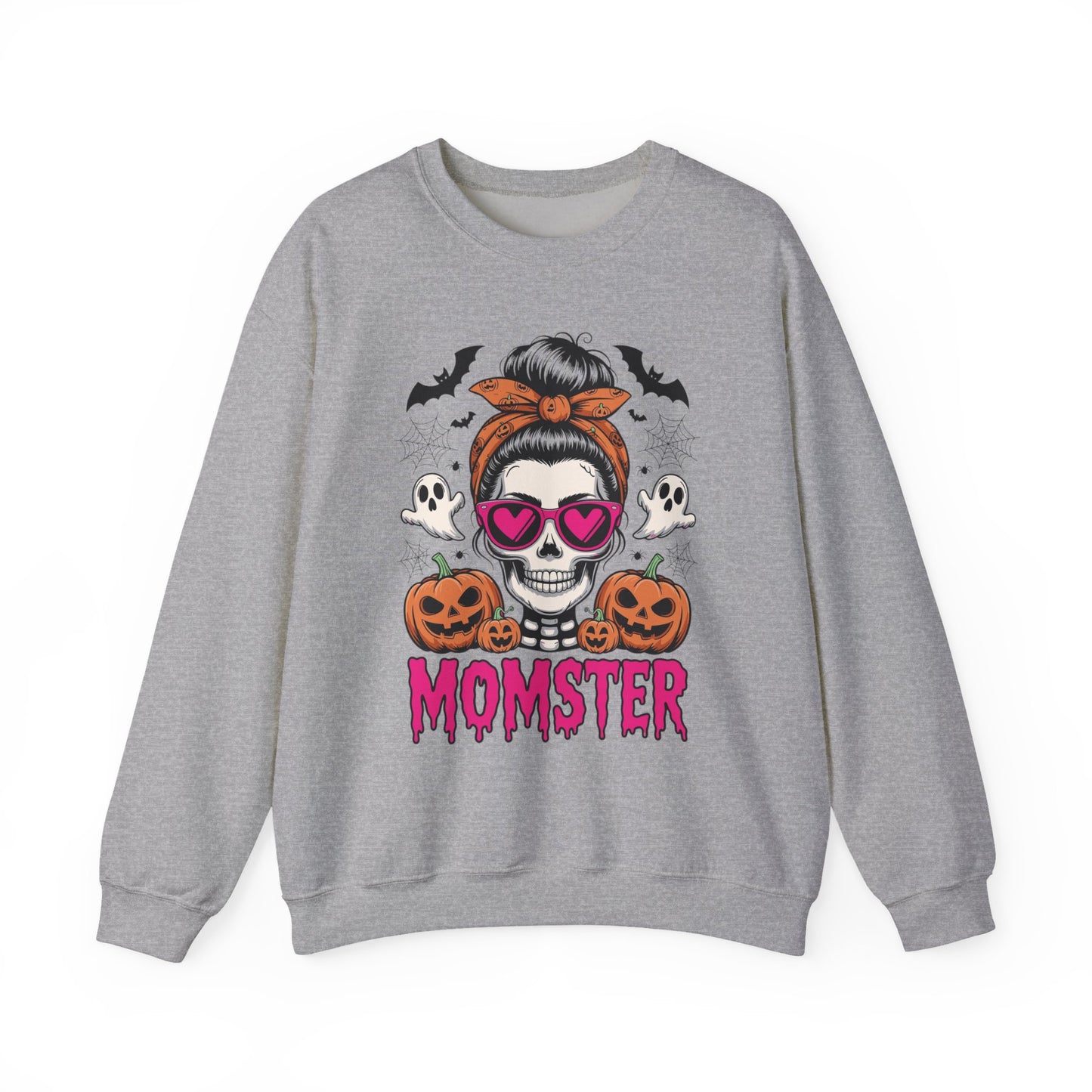 Momster Halloween Sweatshirt — Skull Mom with Pumpkins & Ghosts