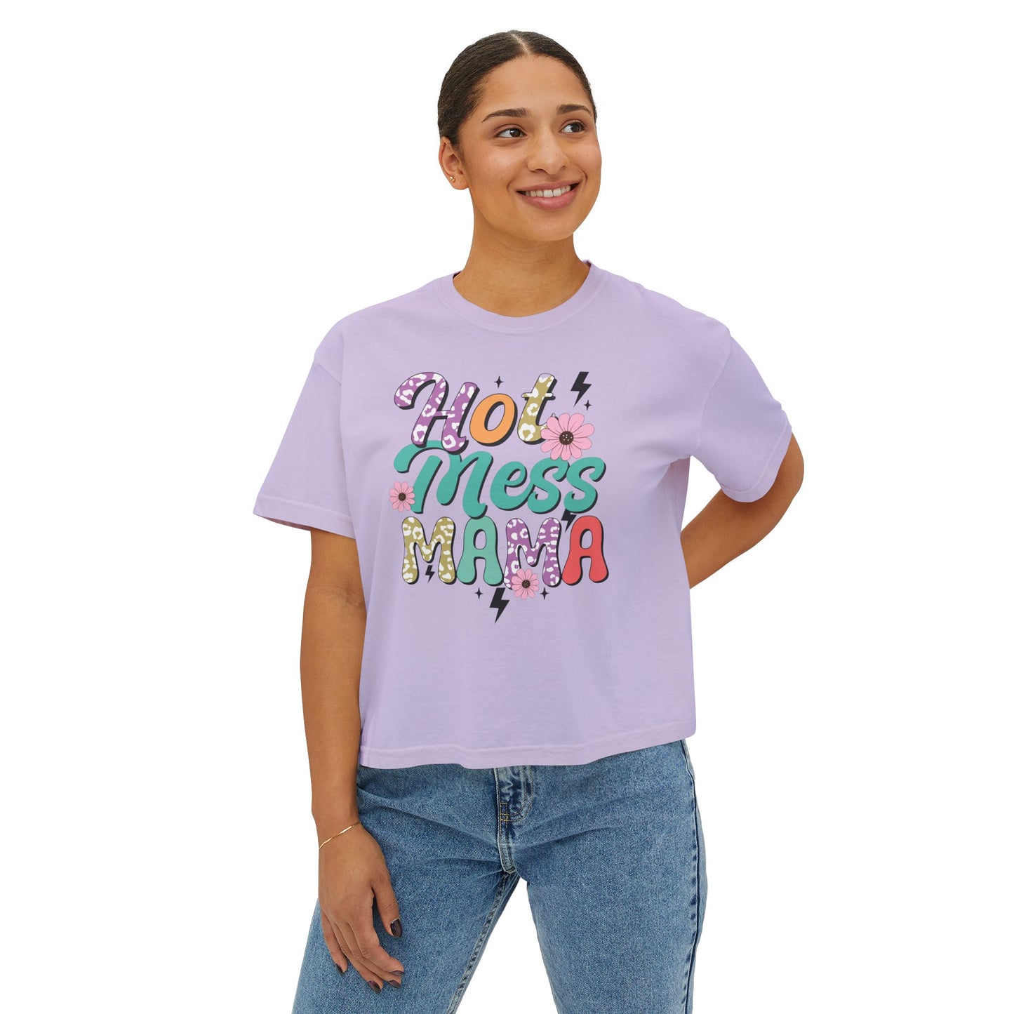 Hot Mess Mama Women's Boxy Tee, Casual Graphic Tee, Gift for Moms, Trendy Summer Top, Birthday Gift, Mother's Day T-Shirt