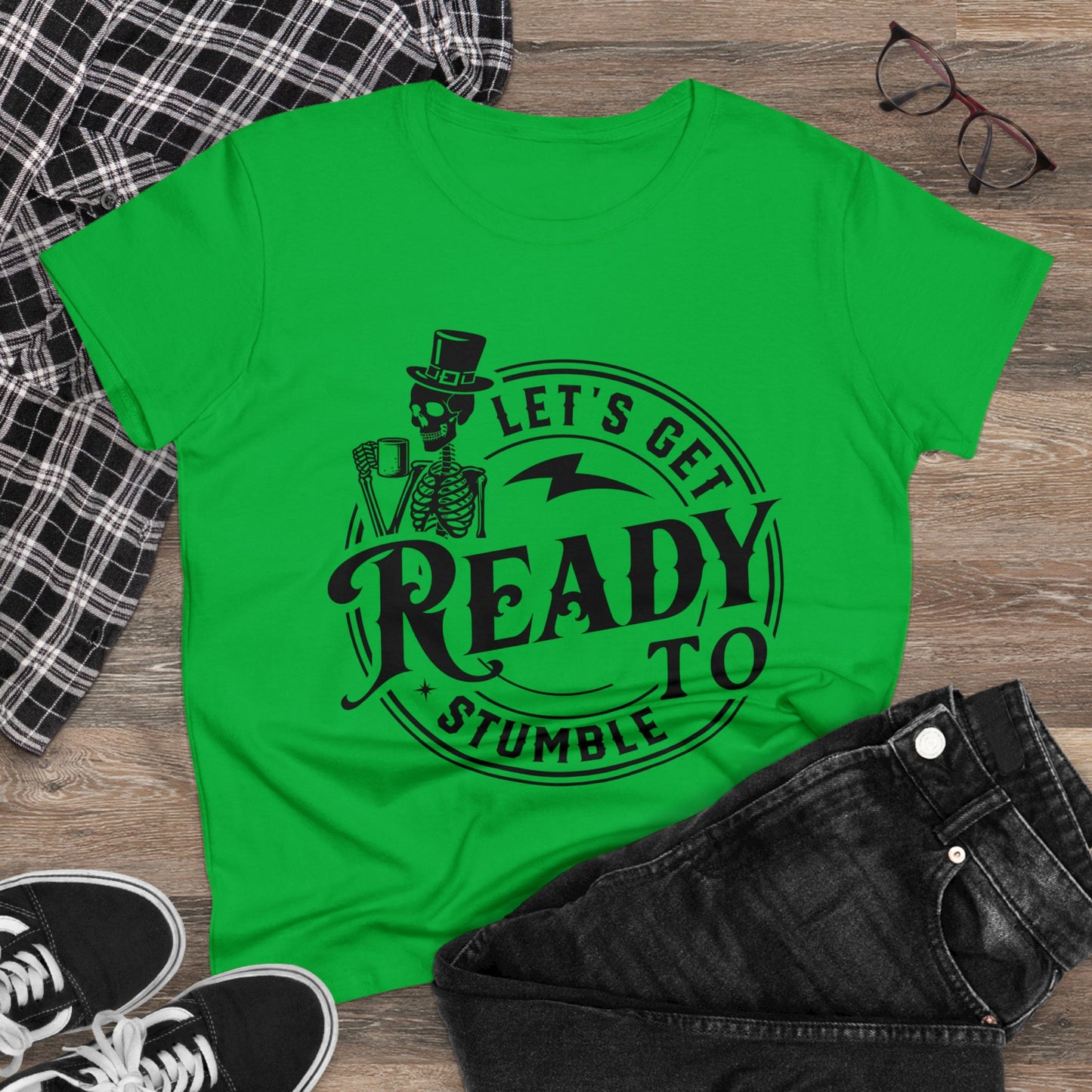 Ready to Stumble Skeleton Graphic Tee for Women - Fun Halloween Shirt