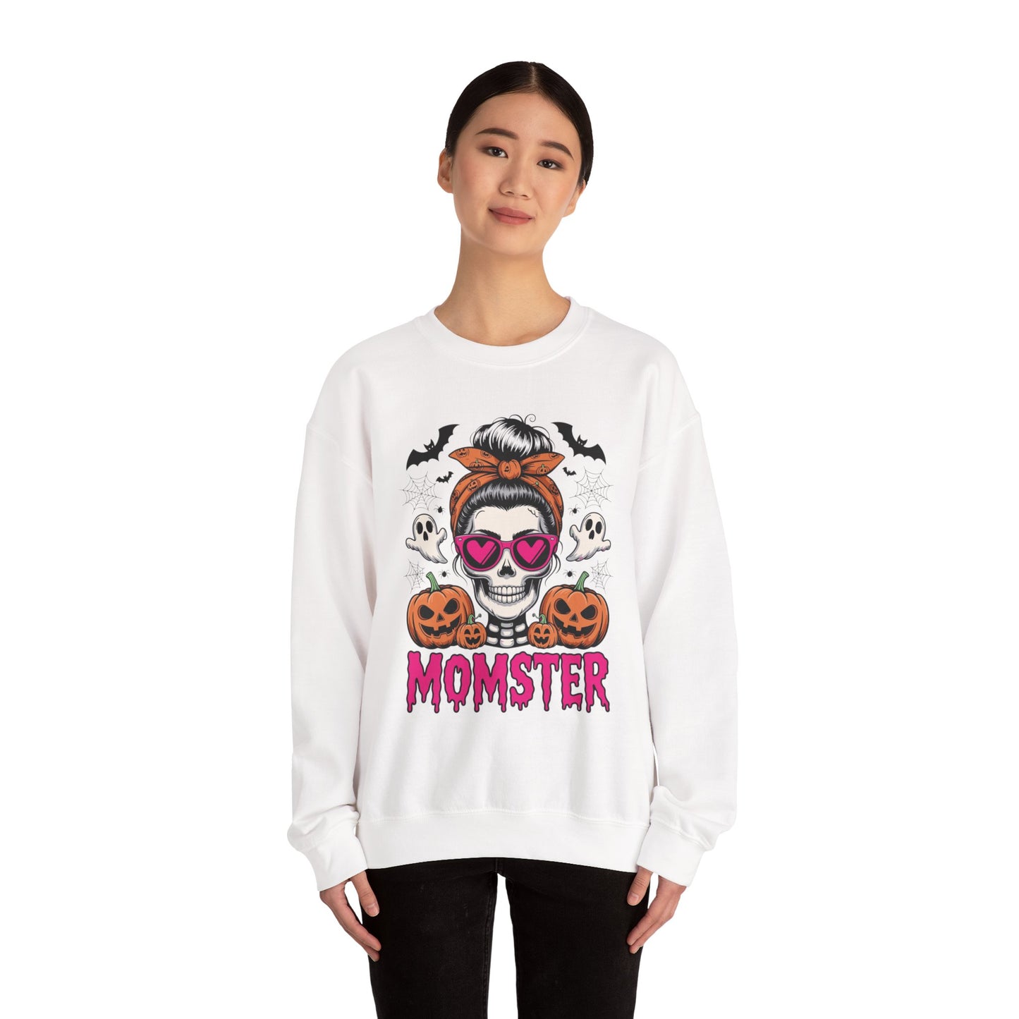 Momster Halloween Sweatshirt — Skull Mom with Pumpkins & Ghosts