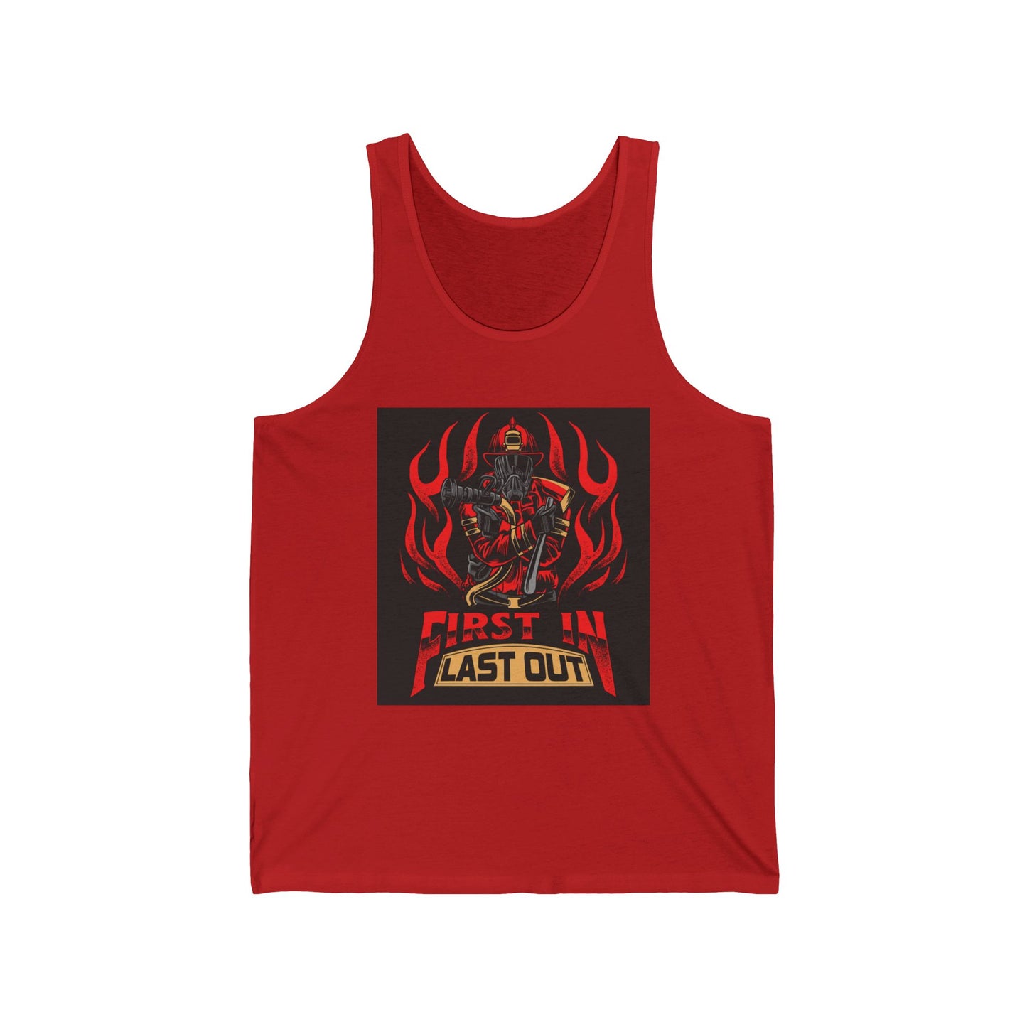 Unisex Jersey Tank - 'First In Last Out' Firefighter Design