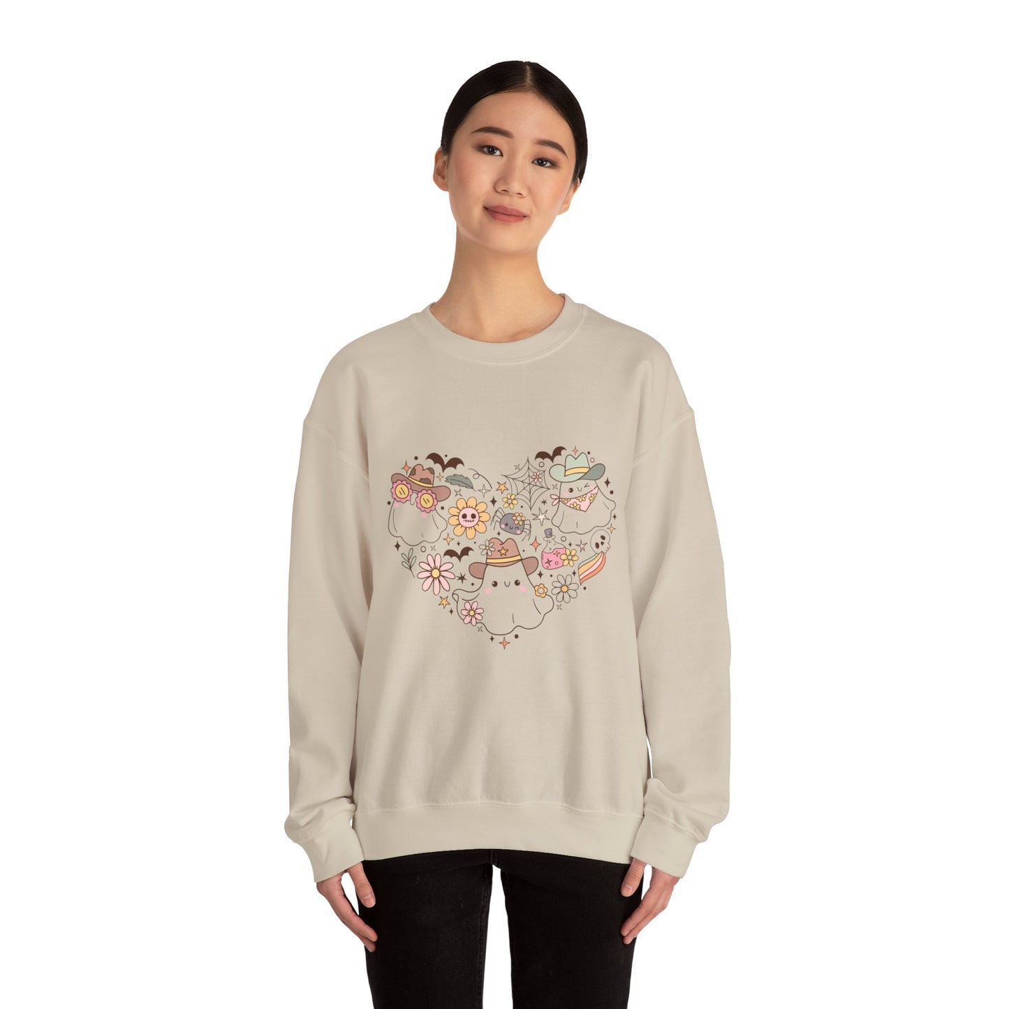 Heartfelt Floral Cat Crewneck Sweatshirt, Cute Animal Sweatshirt, Cozy Unisex Sweater, Gift for halloween, Heart Design Apparel, halloween sweatshirt, boo, womens sweatshirt,country apparel