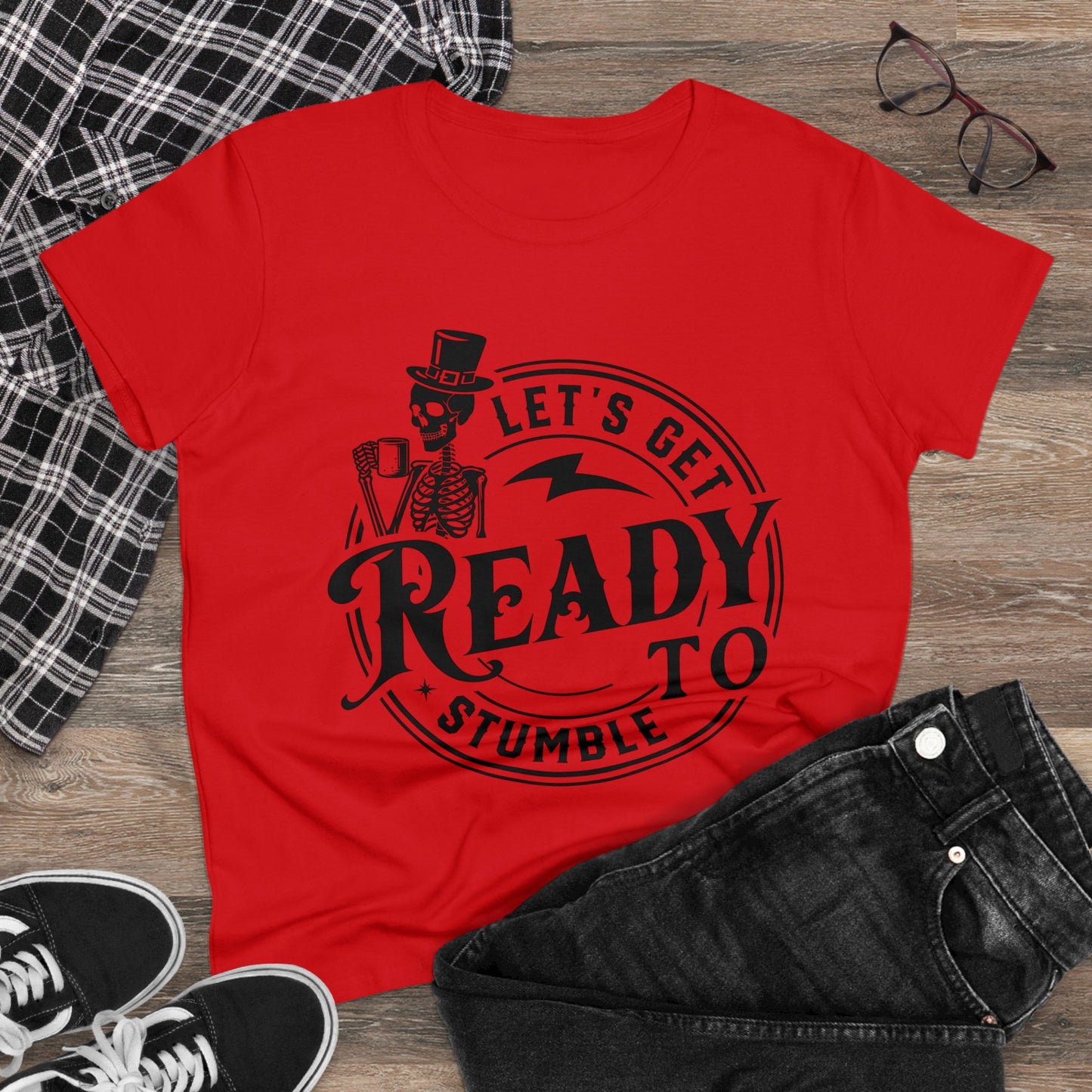 Ready to Stumble Skeleton Graphic Tee for Women - Fun Halloween Shirt