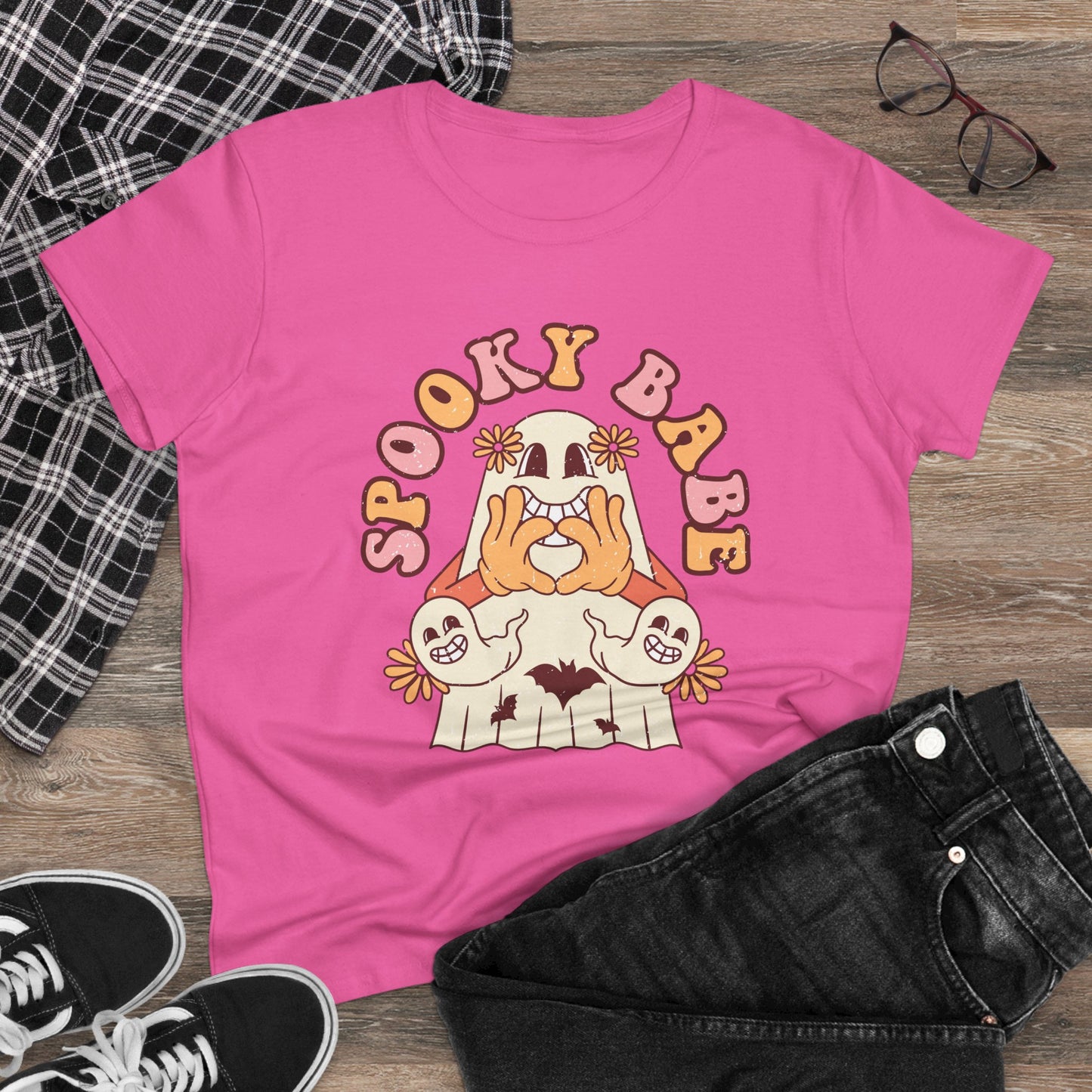 Spooky Babe Tee, Women's Midweight Cotton T-Shirt, Halloween Fashion, Casual Halloween Attire, Vintage Graphic Tee, Trendy Fall Shirt