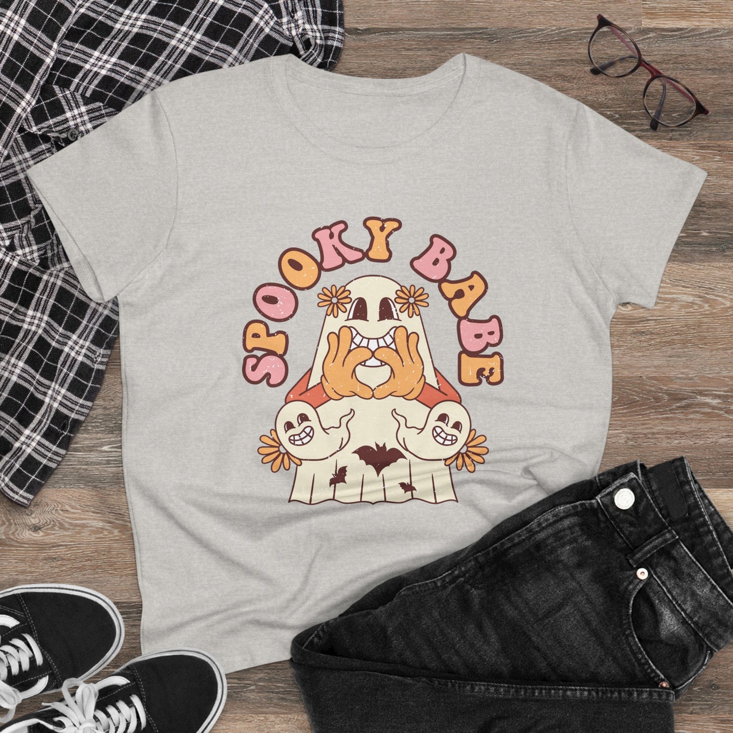 Spooky Babe Tee, Women's Midweight Cotton T-Shirt, Halloween Fashion, Casual Halloween Attire, Vintage Graphic Tee, Trendy Fall Shirt