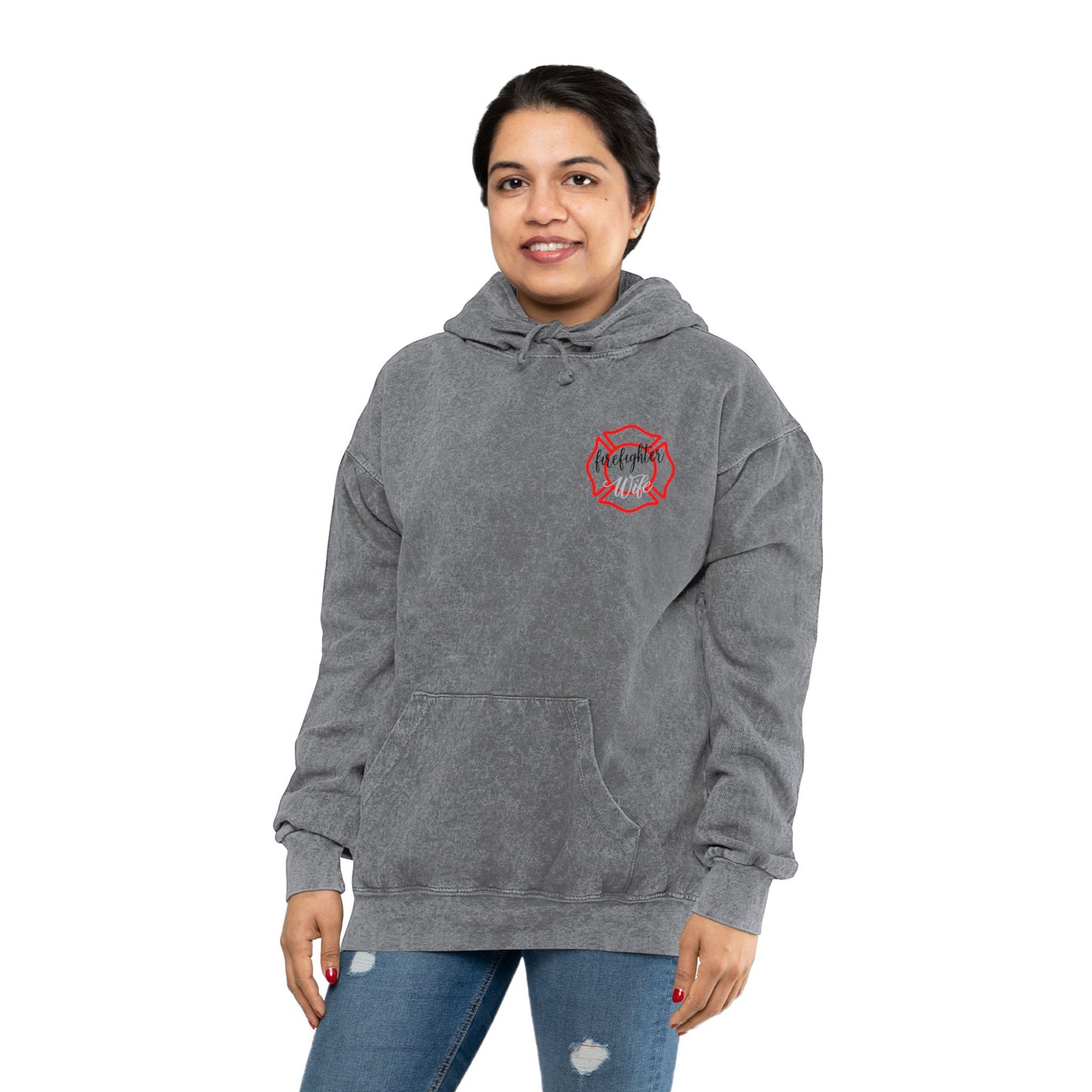 Unisex Mineral Wash Hoodie - #FIREWIFE Graphic, Stylish & Cozy Sweatshirt for Fire Wives