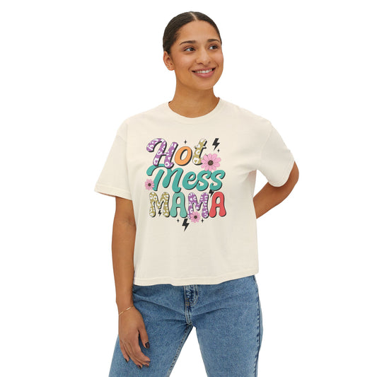 Hot Mess Mama Women's Boxy Tee, Casual Graphic Tee, Gift for Moms, Trendy Summer Top, Birthday Gift, Mother's Day T-Shirt