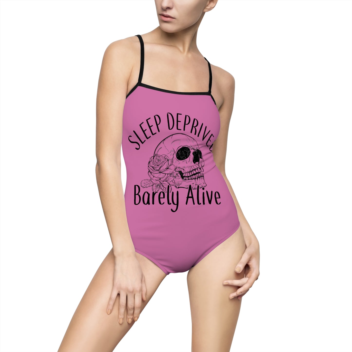 Trendy Skull Print Women's One-Piece Swimsuit - "Sleep Deprived, Barely Alive"