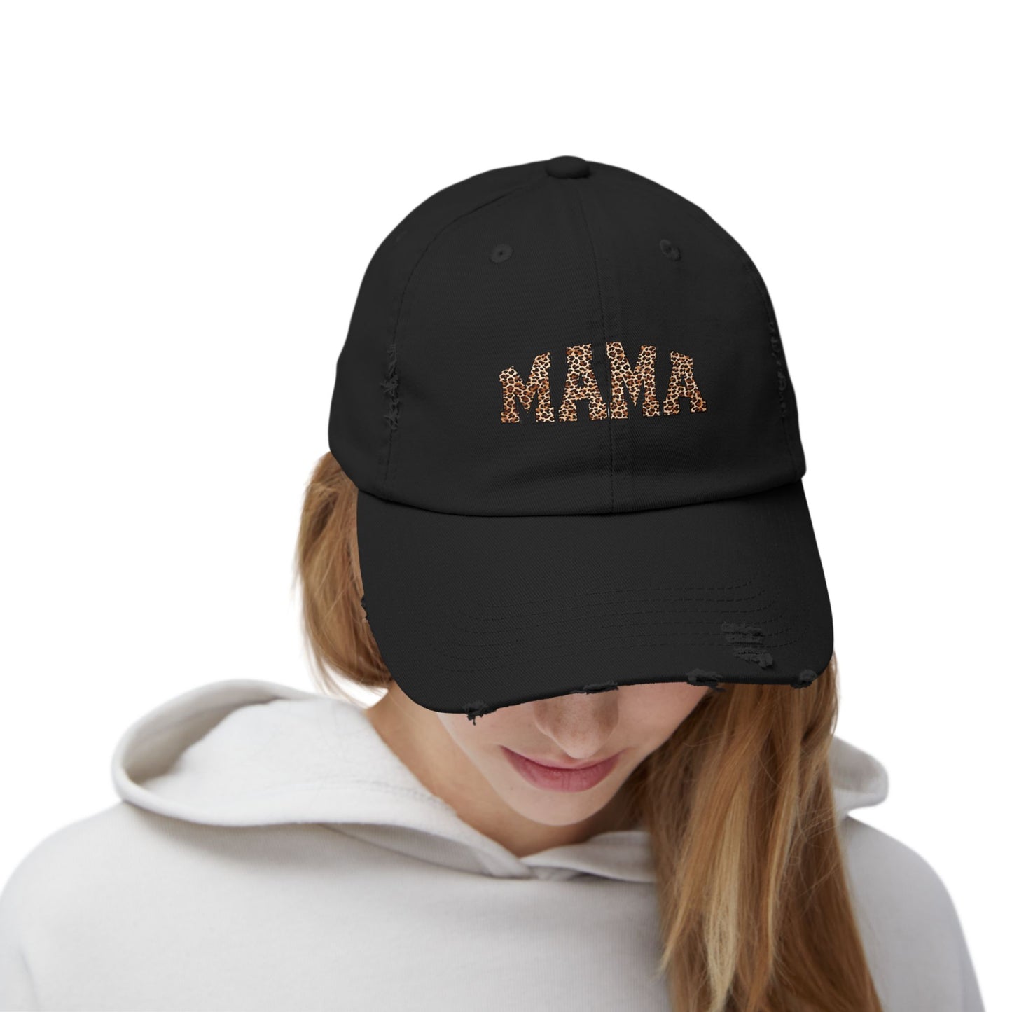 Distressed Mama Cap - Unisex Black Hat with Trendy Leopard Print