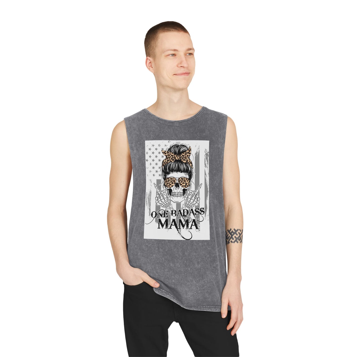 One Badass Mama Stonewash Tank Top | Unisex Graphic Tee for Strong Moms