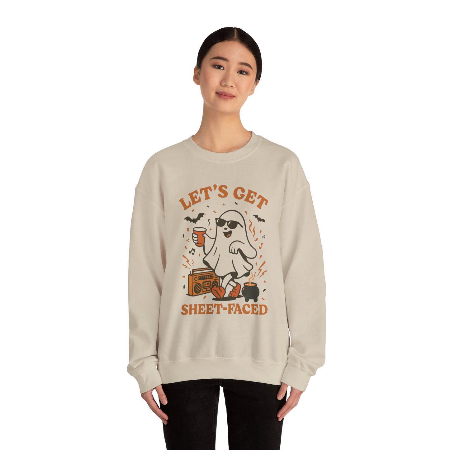 Let's Get Sheet-Faced Halloween Sweatshirt, Unisex Crewneck, Ghost Design, Perfect for Parties, Fall Celebrations, Cozy Wear