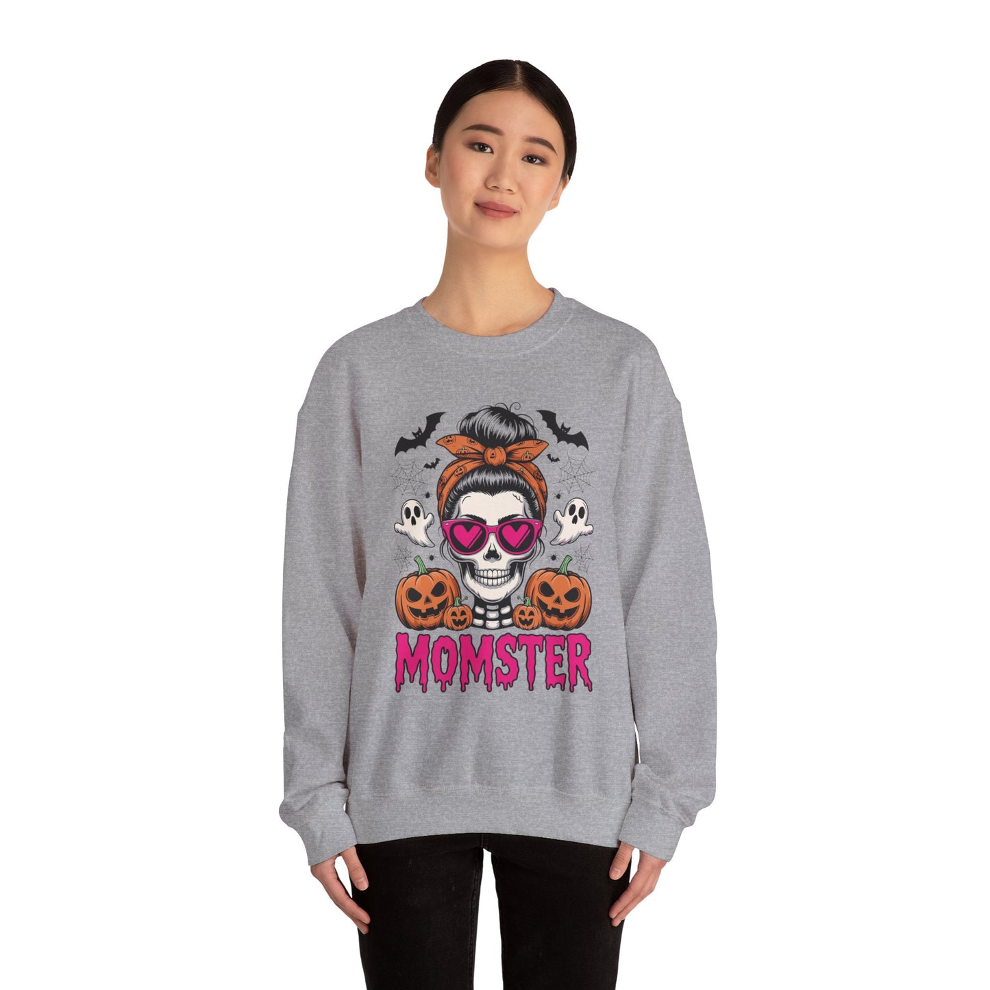 Momster Halloween Sweatshirt — Skull Mom with Pumpkins & Ghosts