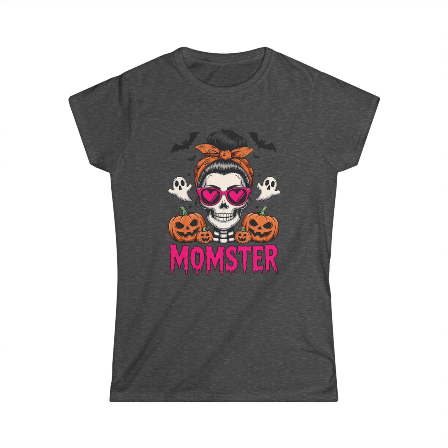 Momster Halloween Tee — Women’s Skull Mom T-Shirt with Pumpkins & Ghosts