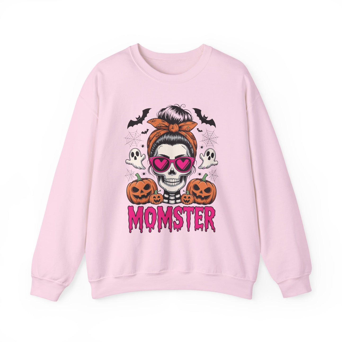 Momster Halloween Sweatshirt — Skull Mom with Pumpkins & Ghosts