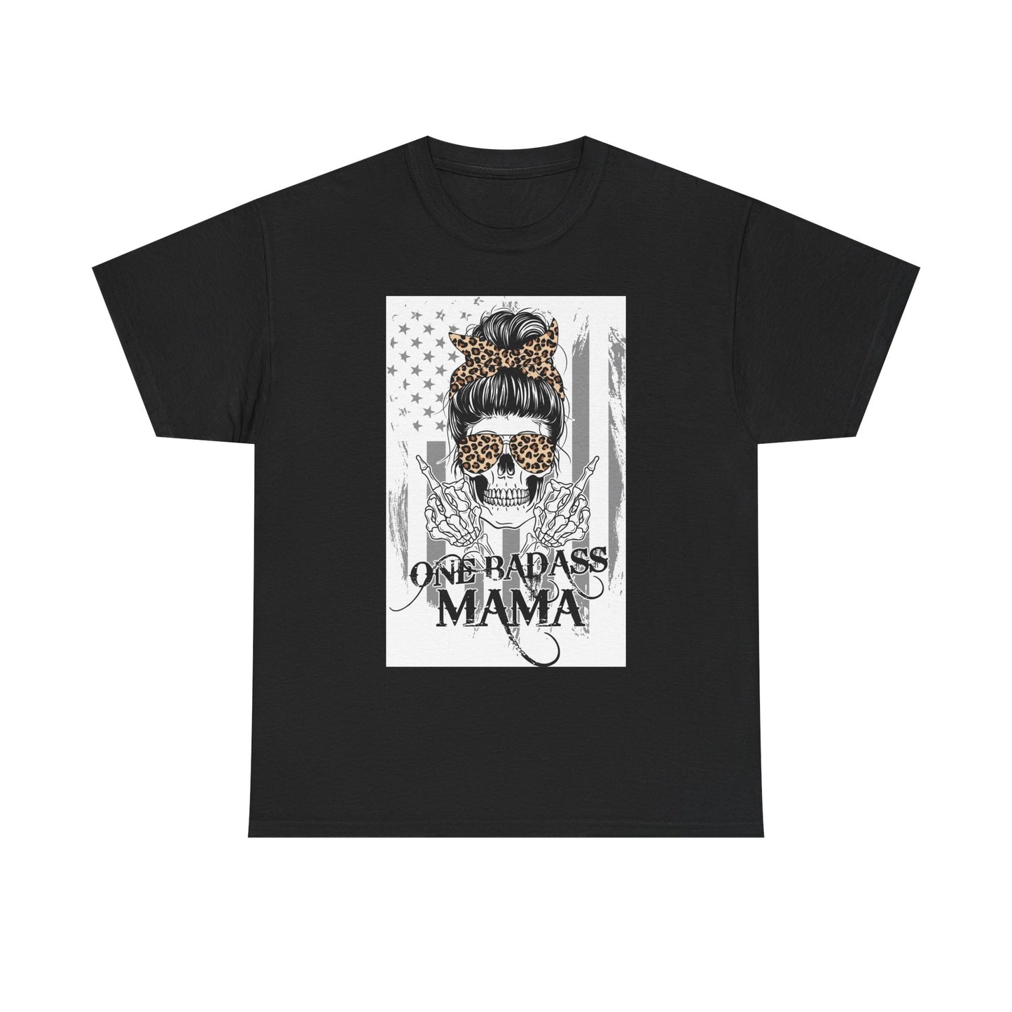 One Badass Mama Unisex Heavy Cotton Tee - Skull and Leopard Print