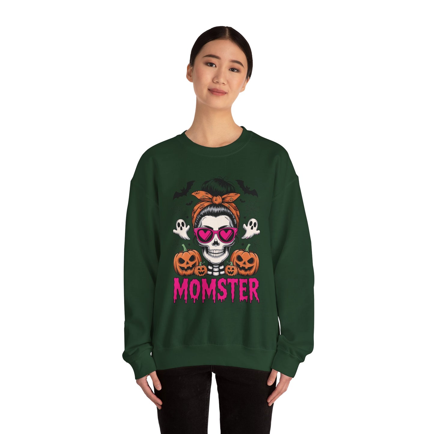 Momster Halloween Sweatshirt — Skull Mom with Pumpkins & Ghosts