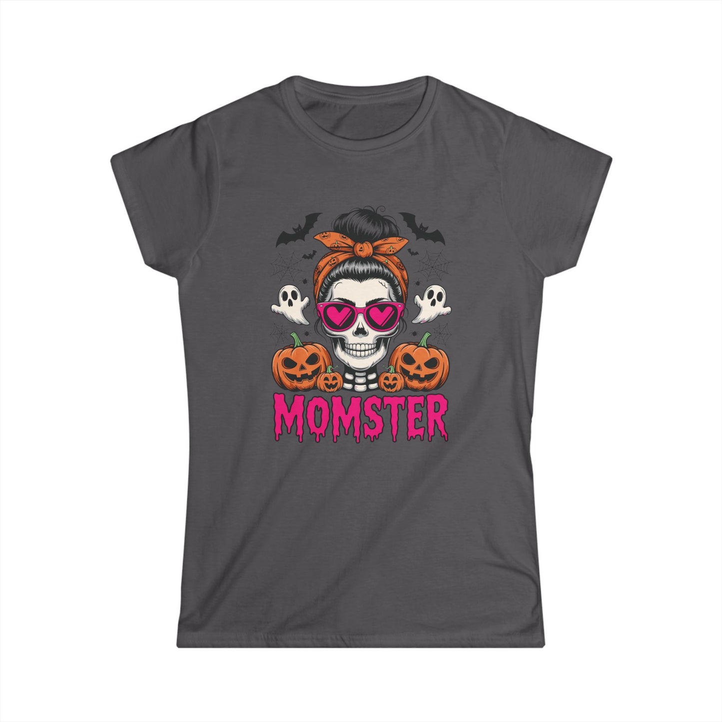 Momster Halloween Tee — Women’s Skull Mom T-Shirt with Pumpkins & Ghosts