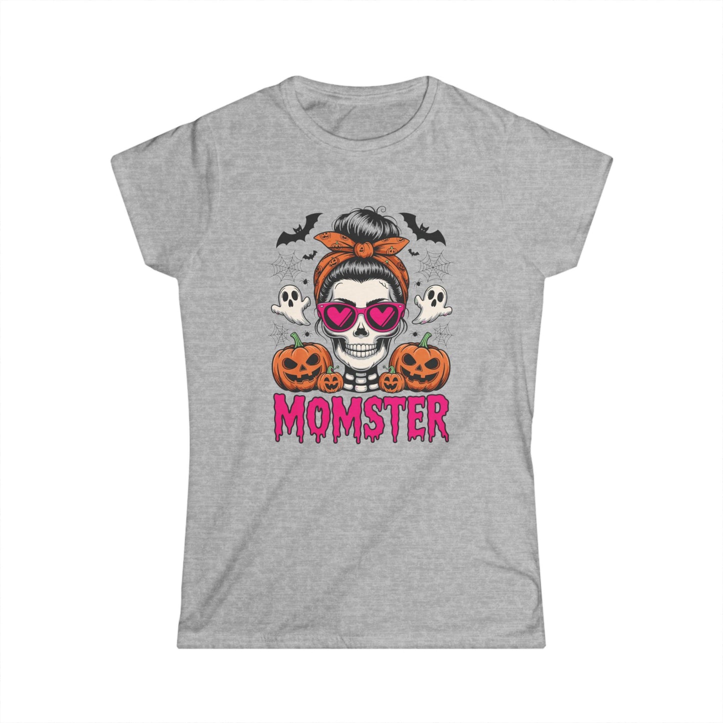 Momster Halloween Tee — Women’s Skull Mom T-Shirt with Pumpkins & Ghosts