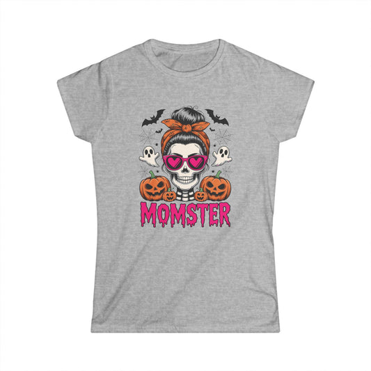 Momster Halloween Tee — Women’s Skull Mom T-Shirt with Pumpkins & Ghosts
