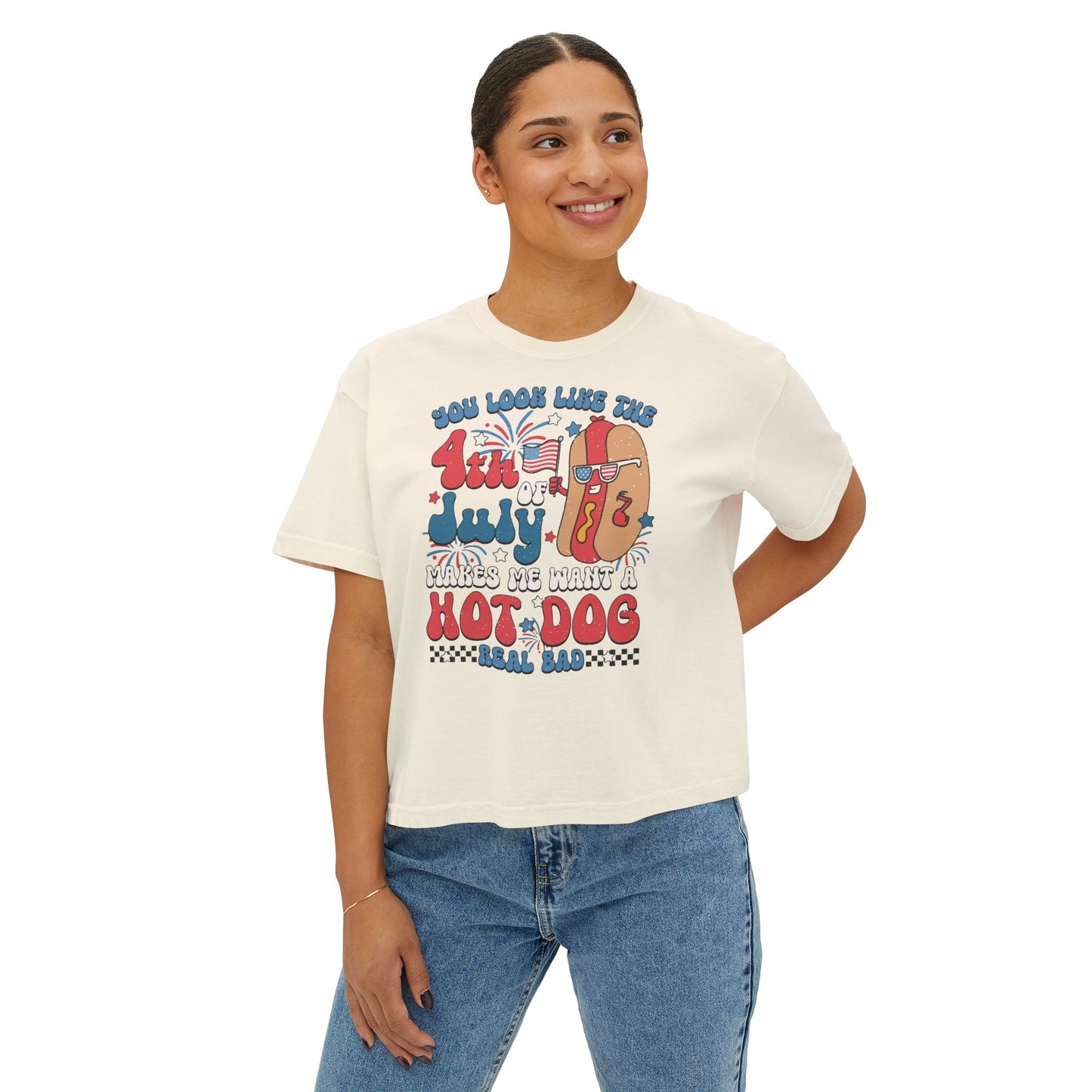 Patriotic July 4th Boxy Tee, Casual Summer Top, Fun Holiday Wear, Firework Theme Shirt, Independence Day T-Shirt