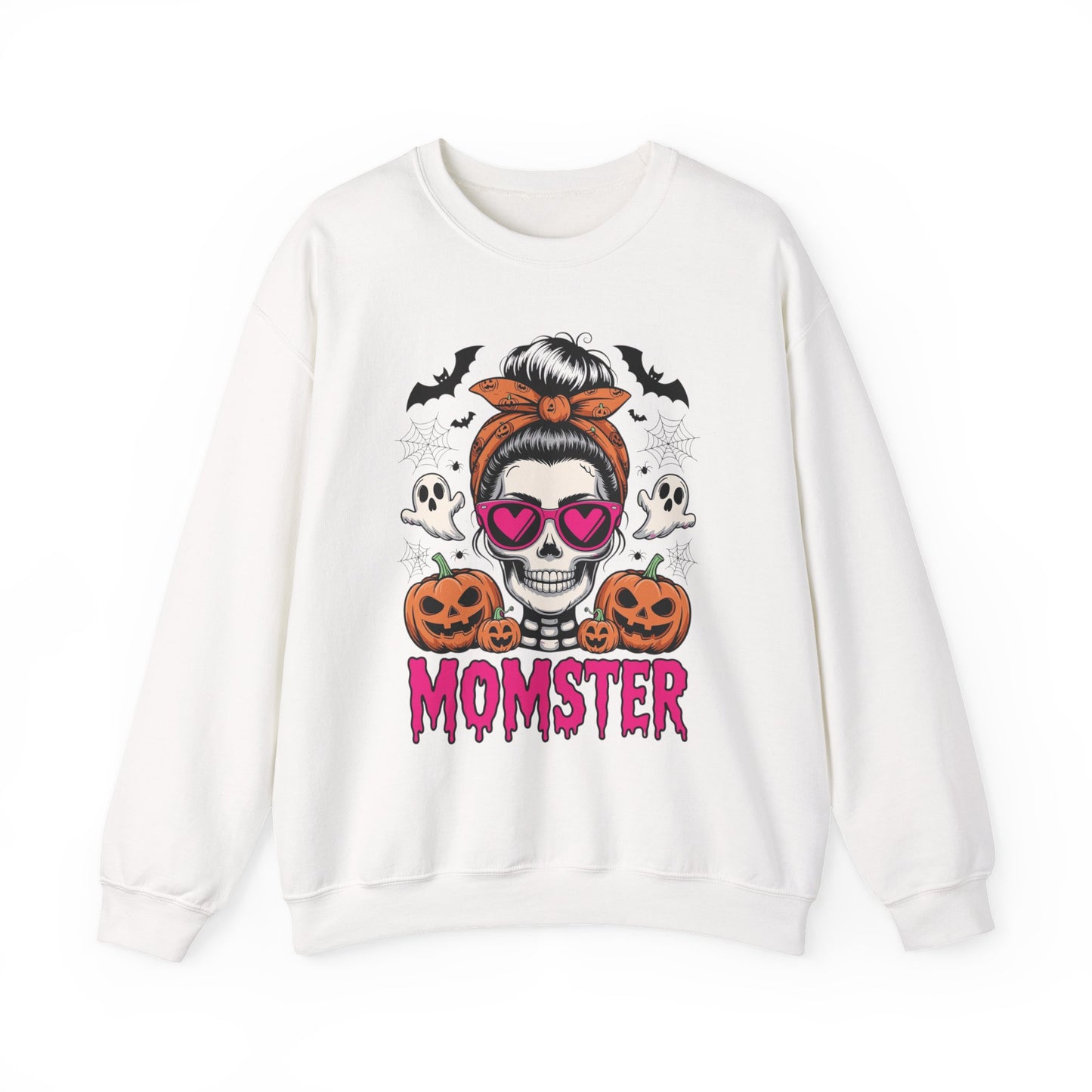 Momster Halloween Sweatshirt — Skull Mom with Pumpkins & Ghosts