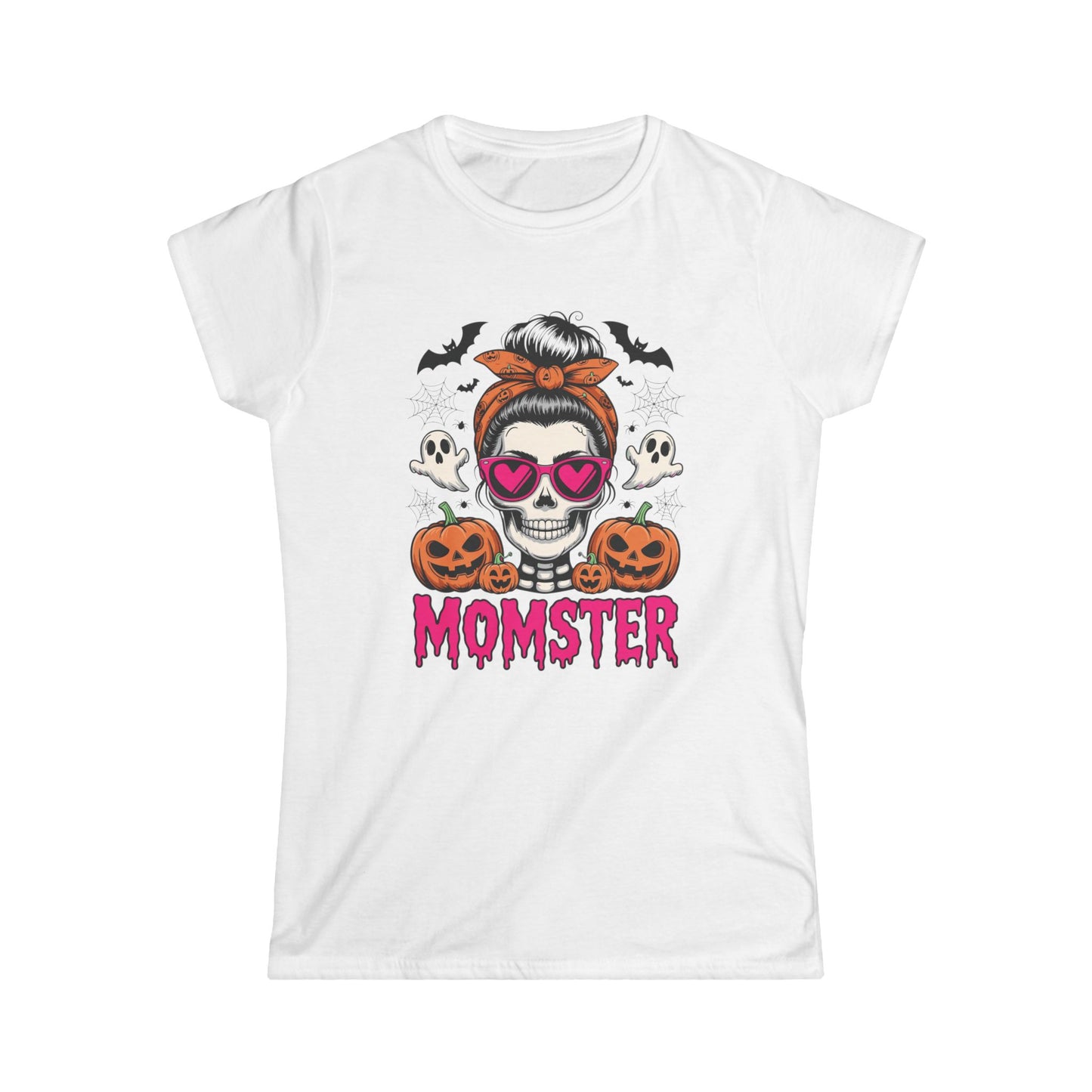 Momster Halloween Tee — Women’s Skull Mom T-Shirt with Pumpkins & Ghosts