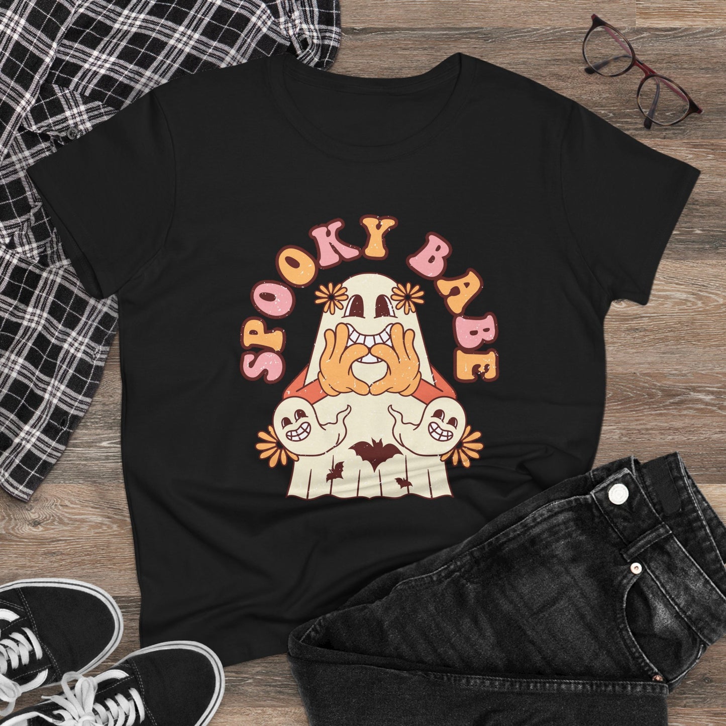 Spooky Babe Tee, Women's Midweight Cotton T-Shirt, Halloween Fashion, Casual Halloween Attire, Vintage Graphic Tee, Trendy Fall Shirt