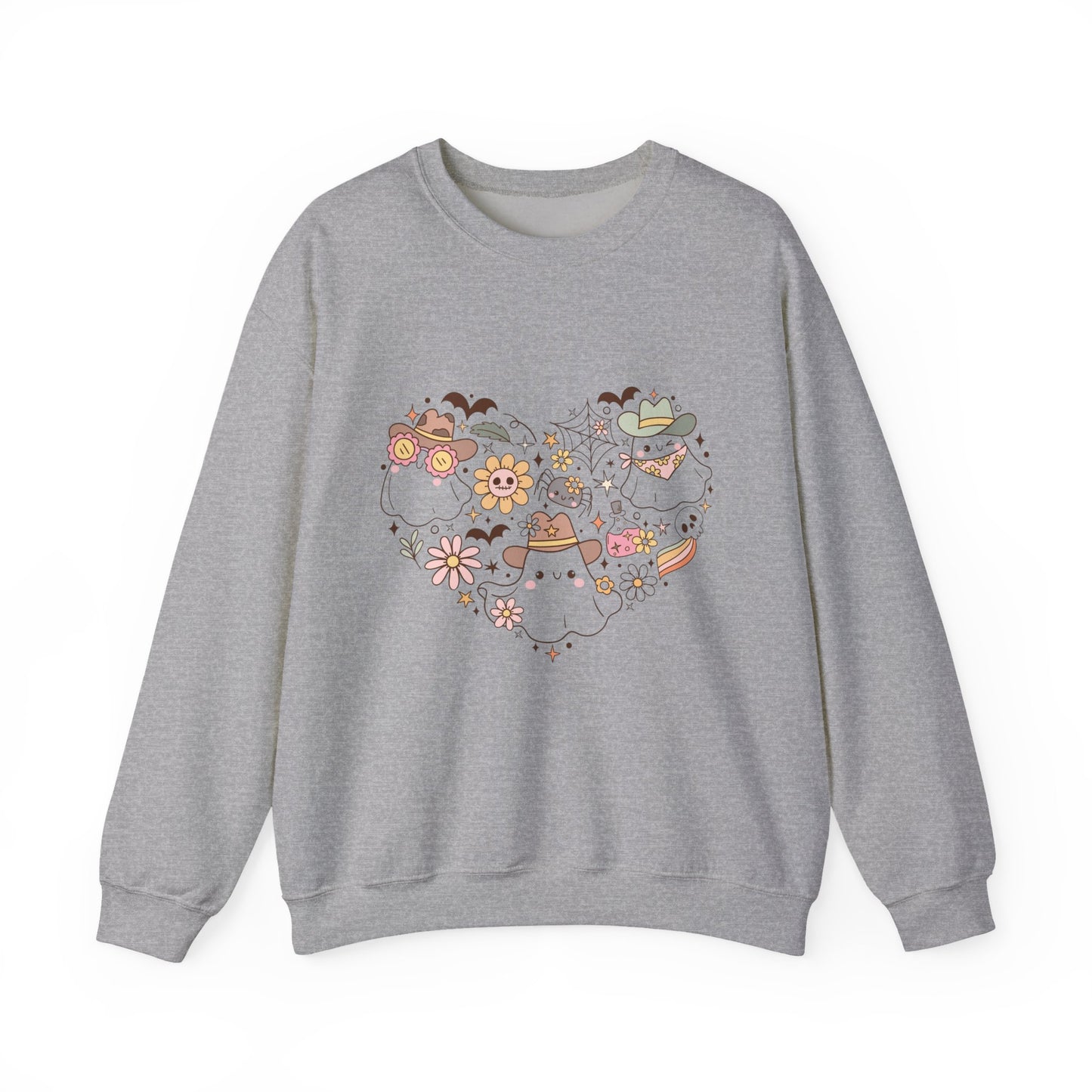 Heartfelt Floral Cat Crewneck Sweatshirt, Cute Animal Sweatshirt, Cozy Unisex Sweater, Gift for halloween, Heart Design Apparel, halloween sweatshirt, boo, womens sweatshirt,country apparel
