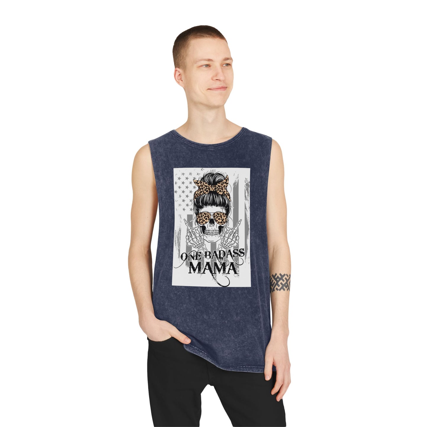 One Badass Mama Stonewash Tank Top | Unisex Graphic Tee for Strong Moms