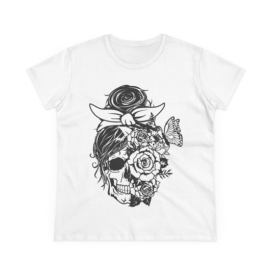 Floral Skull Women&#039;s Midweight Cotton Tee - Bohemian Style Tee for Everyday Wear