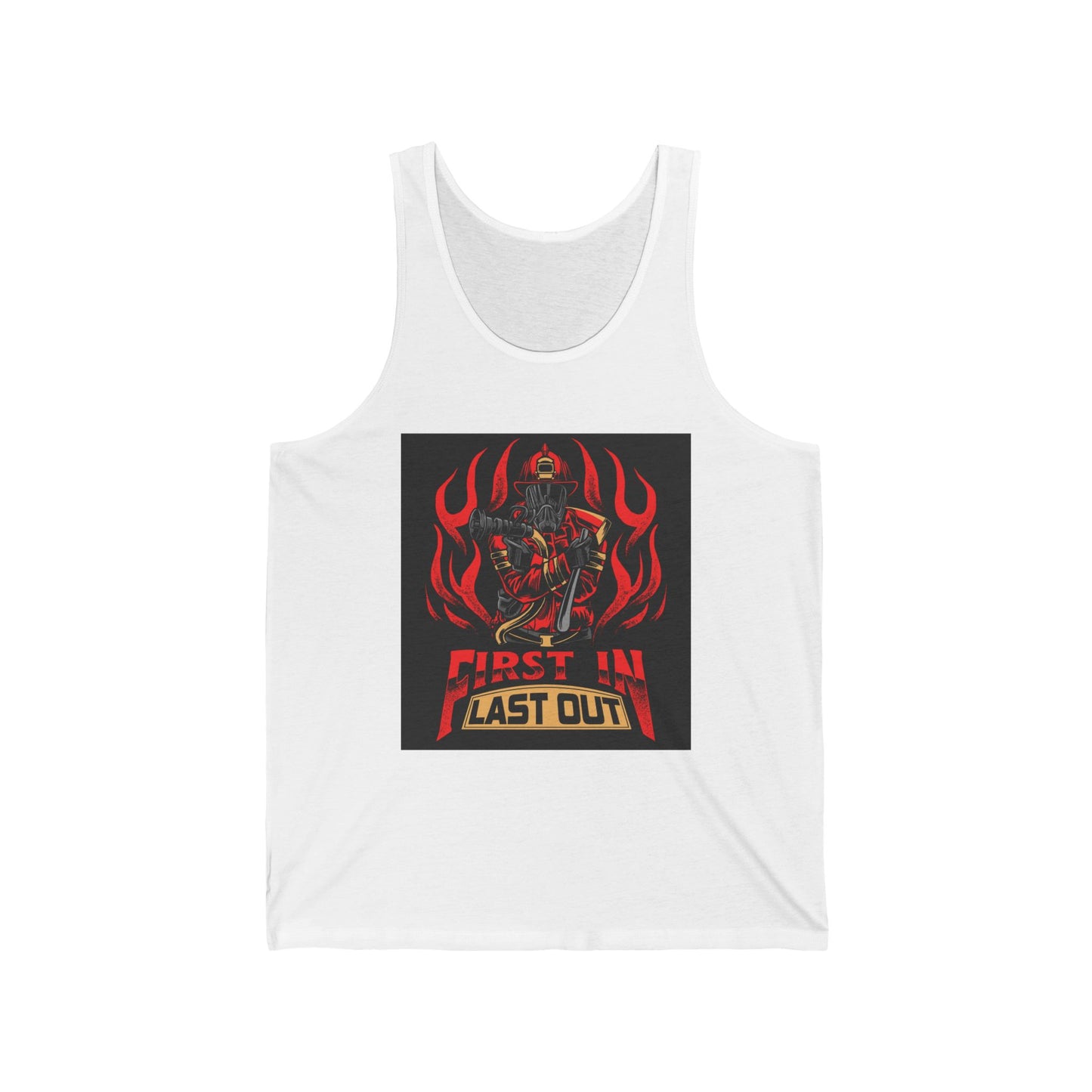 Unisex Jersey Tank - 'First In Last Out' Firefighter Design