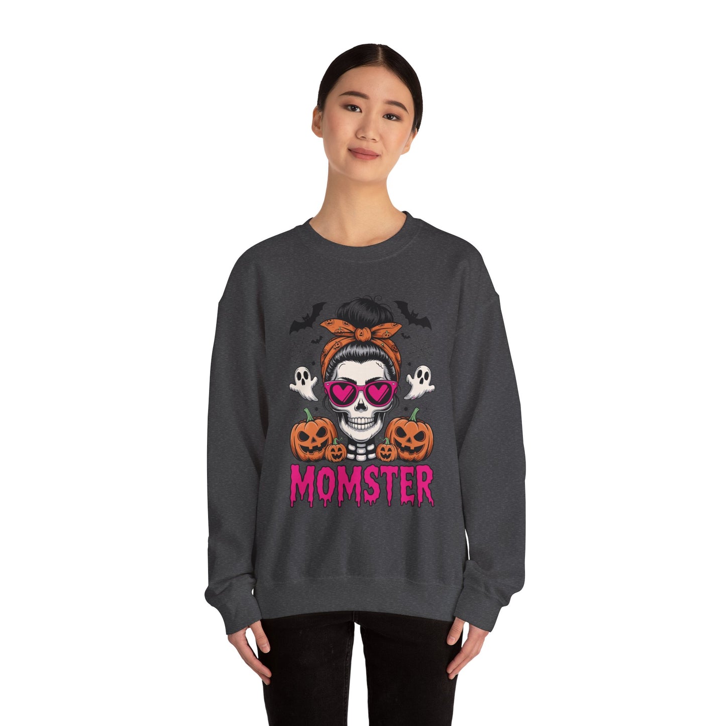 Momster Halloween Sweatshirt — Skull Mom with Pumpkins & Ghosts