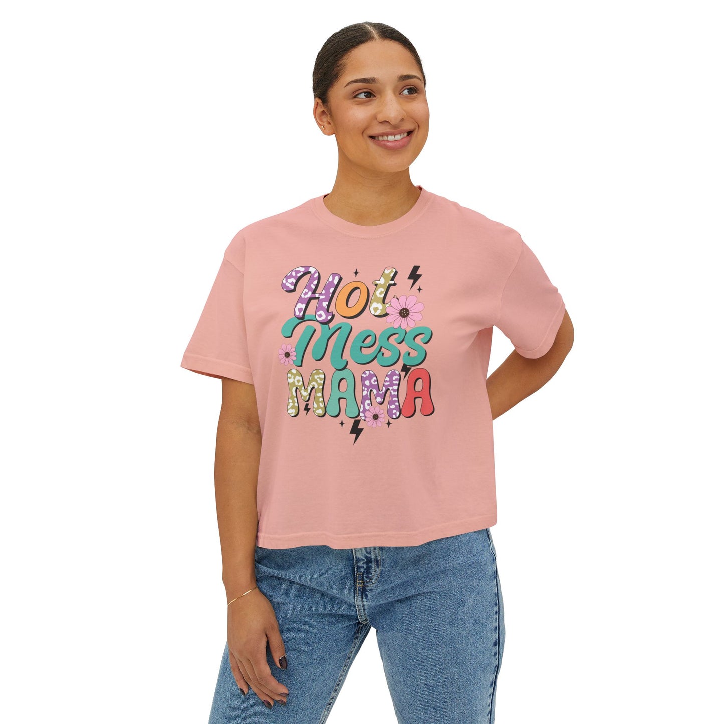 Hot Mess Mama Women's Boxy Tee, Casual Graphic Tee, Gift for Moms, Trendy Summer Top, Birthday Gift, Mother's Day T-Shirt