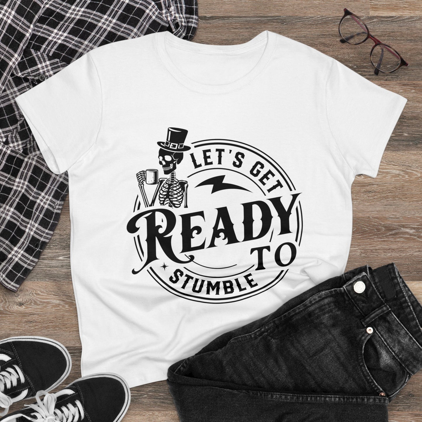 Ready to Stumble Skeleton Graphic Tee for Women - Fun Halloween Shirt